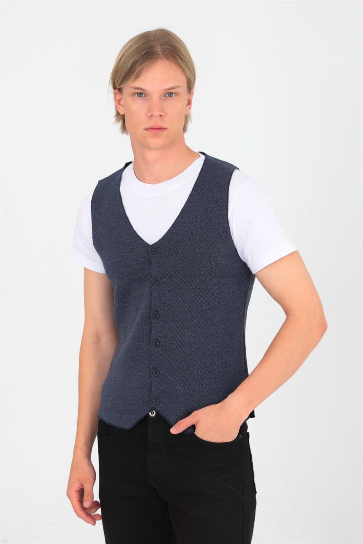 ELM WEAR-Buttoned Plain Pattern Knitwear Vest - Navy/Indigo 1