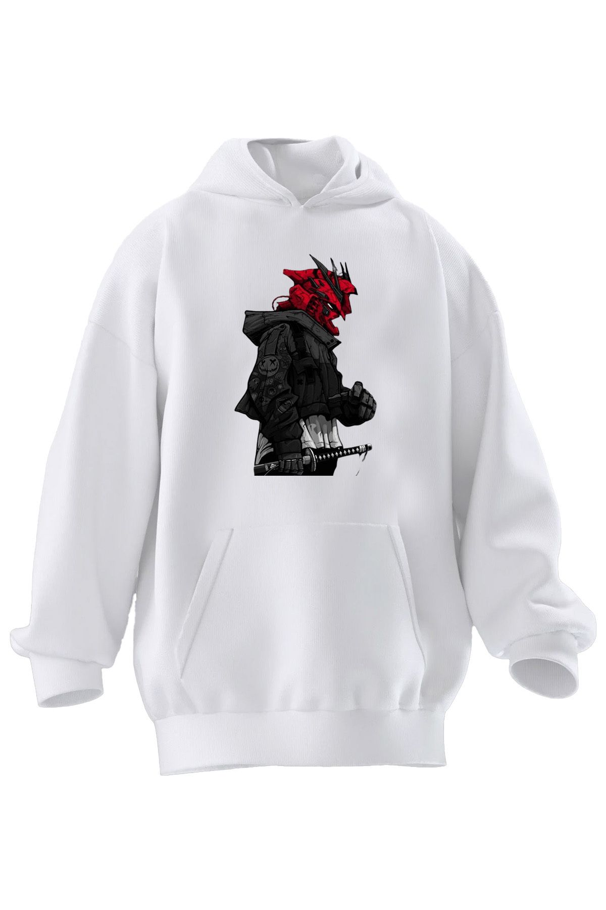 NMG TEKSTİL Hanorac Cu Glugă Unisex Alb Cu Mască Roșie - Bumbac Premium Cu 3 Fire Unisex - XL