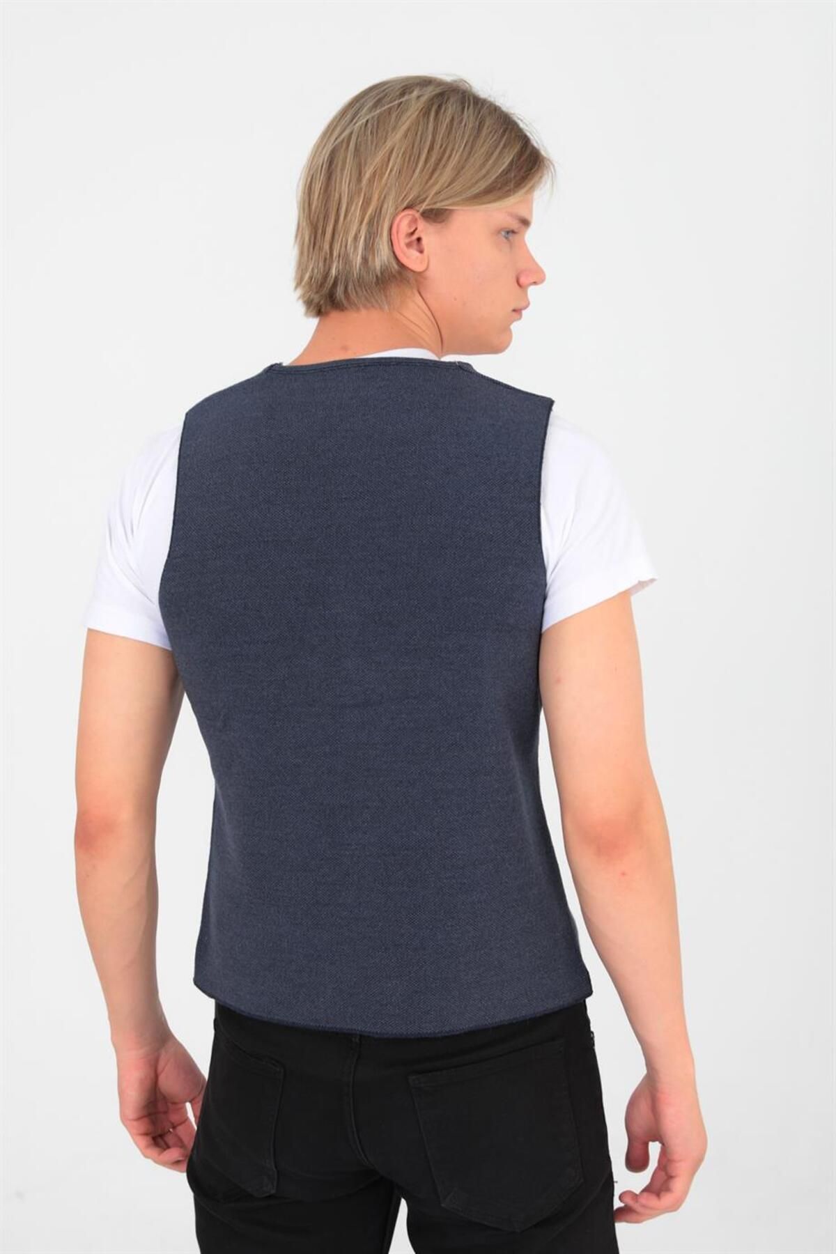 ELM WEAR-Buttoned Plain Pattern Knitwear Vest - Navy/Indigo 6