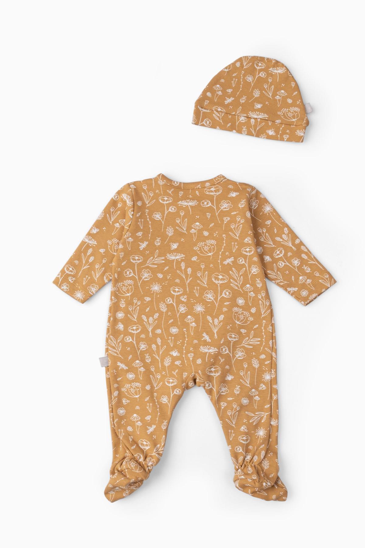 Boumini Bebek Patikli Tulum Şapka Set Bahar Çiçekli Hardal fotoğrafı 3 (önizleme)