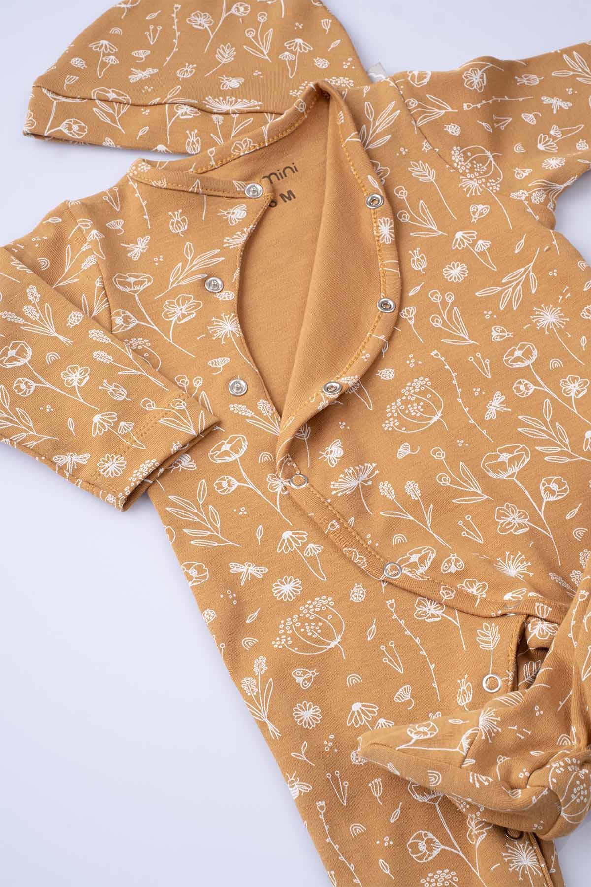 Boumini Bebek Patikli Tulum Şapka Set Bahar Çiçekli Hardal fotoğrafı 4 (önizleme)