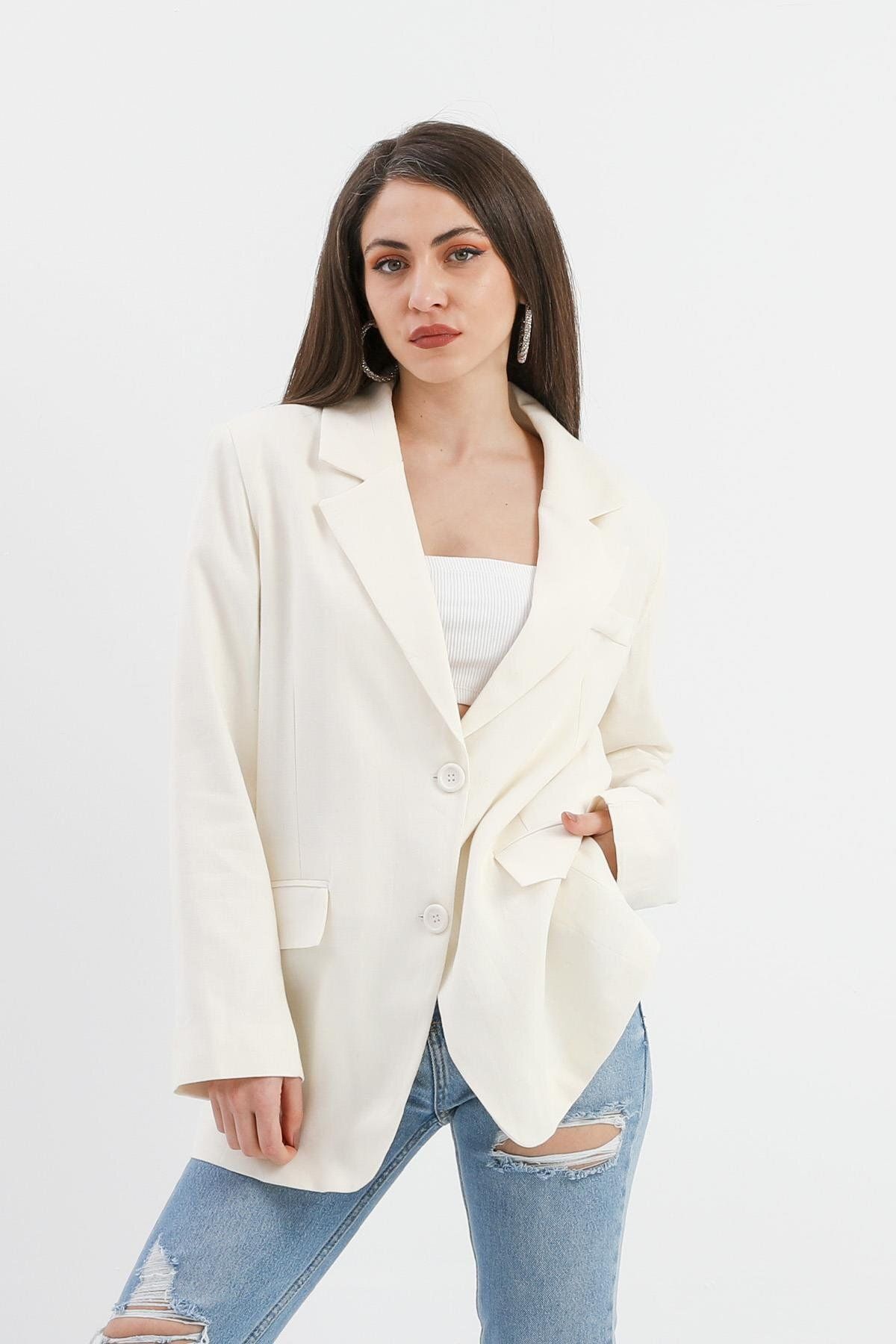 VAPUR TEKSTİL-Ecru Linen Jacket - Double Slit Back 1