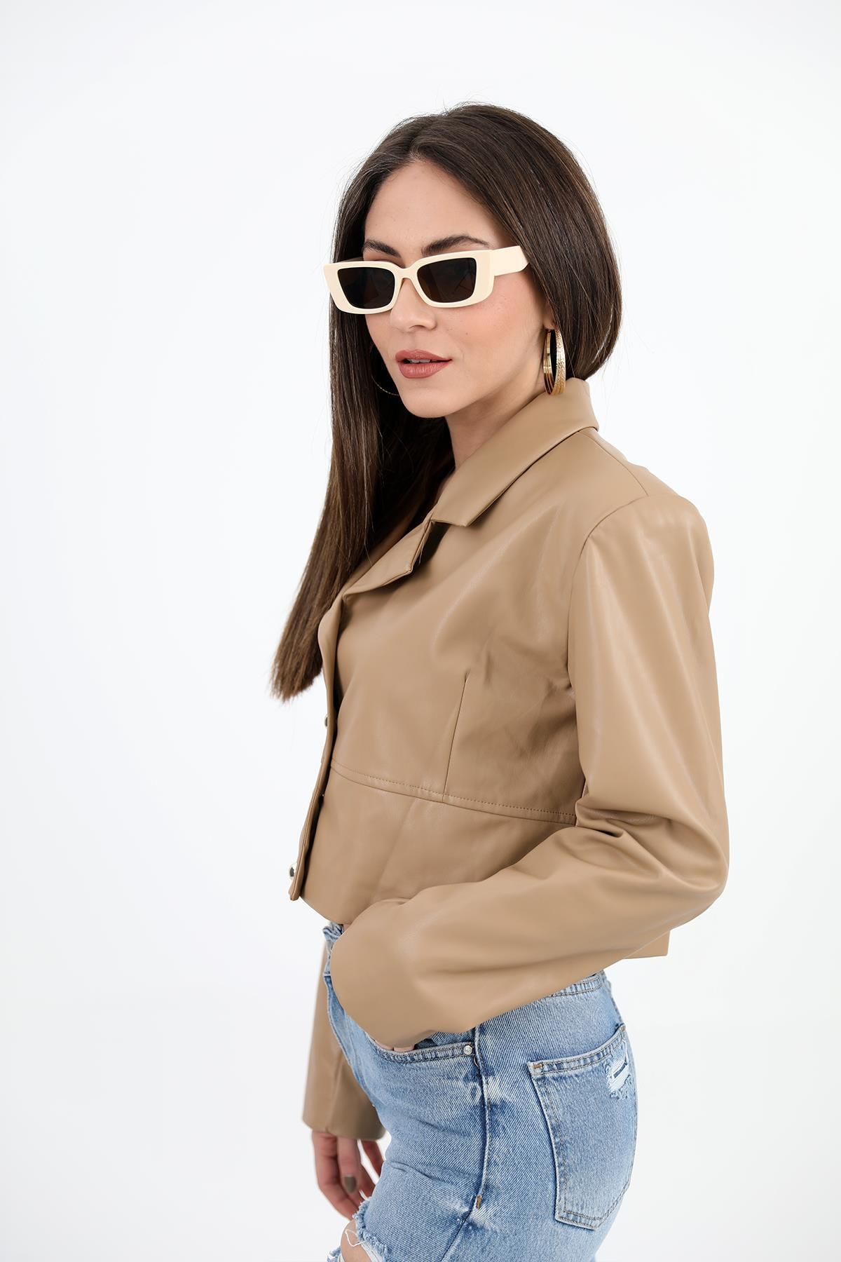 VAPUR TEKSTİL-Camel Colored Short Leather Jacket - Double Breasted Collar and Wadding Detail 4