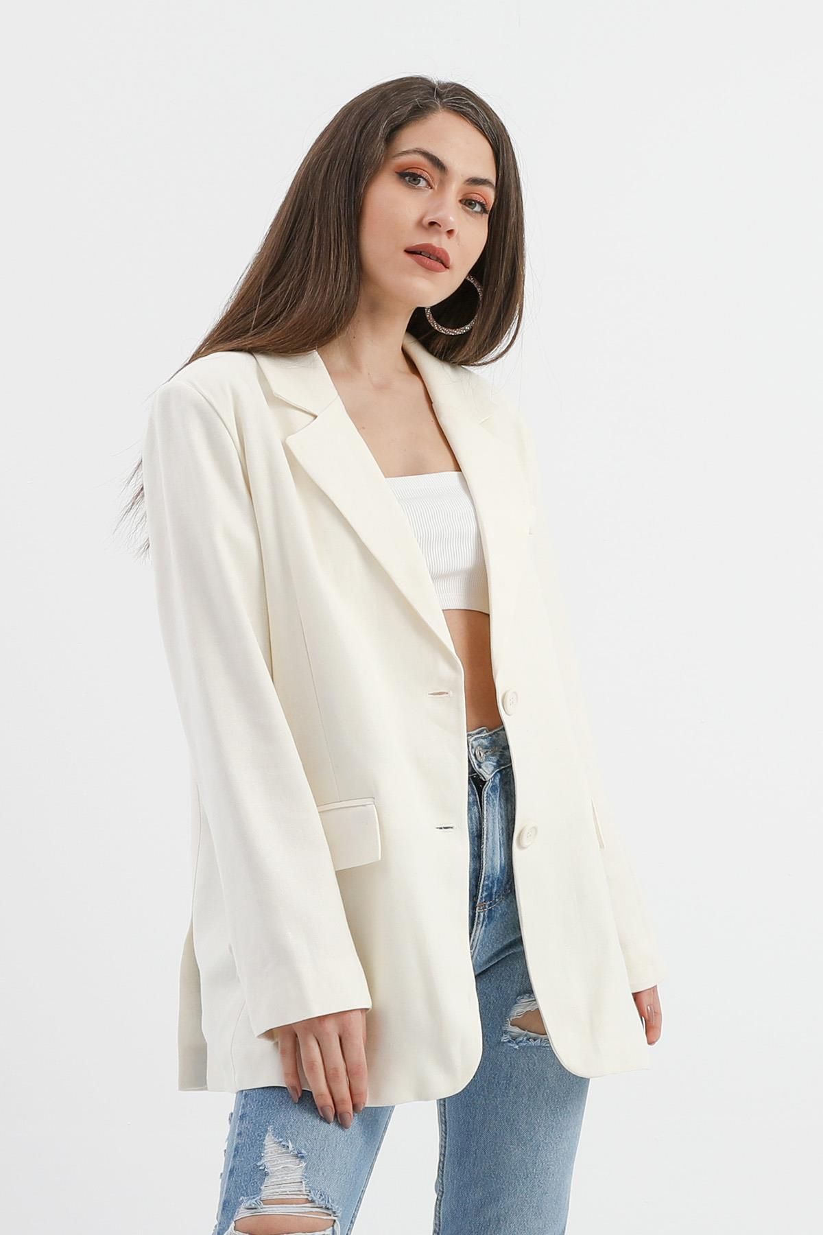 VAPUR TEKSTİL-Ecru Linen Jacket - Double Slit Back 4
