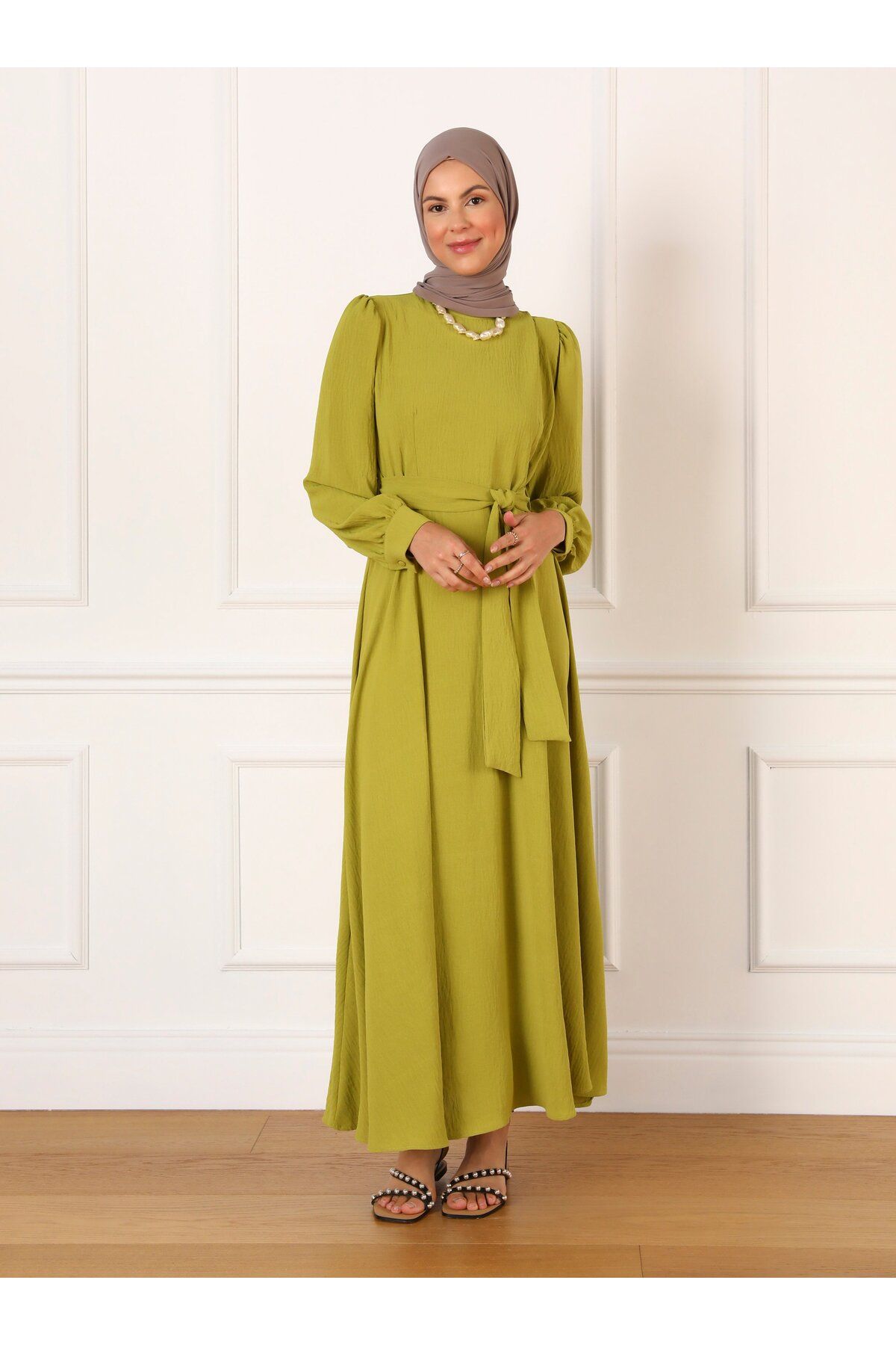 Refka-Aerobin Belted Mevlana Hijab Dress - Oil Green - Refka 1