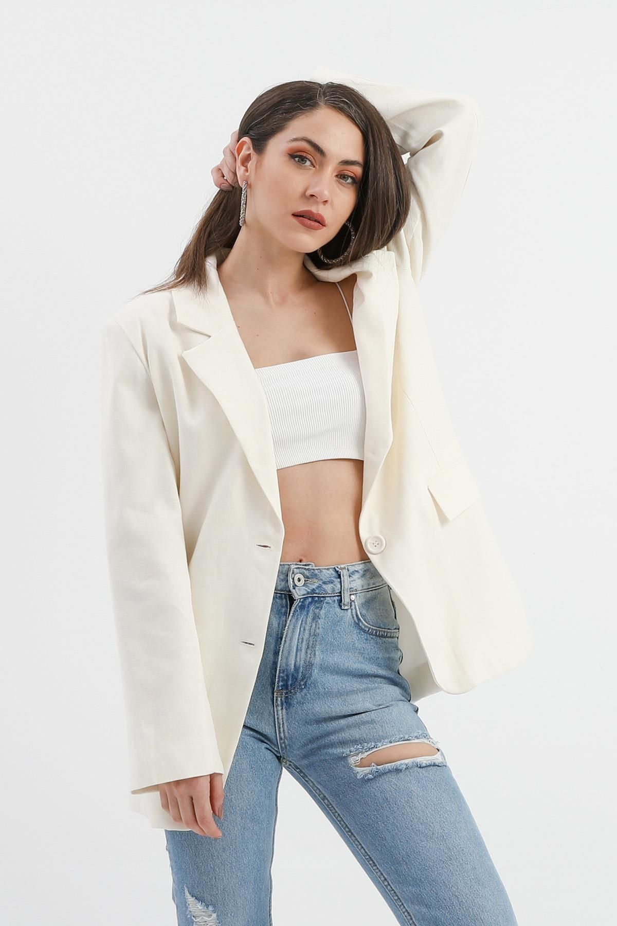 VAPUR TEKSTİL-Ecru Linen Jacket - Double Slit Back 3