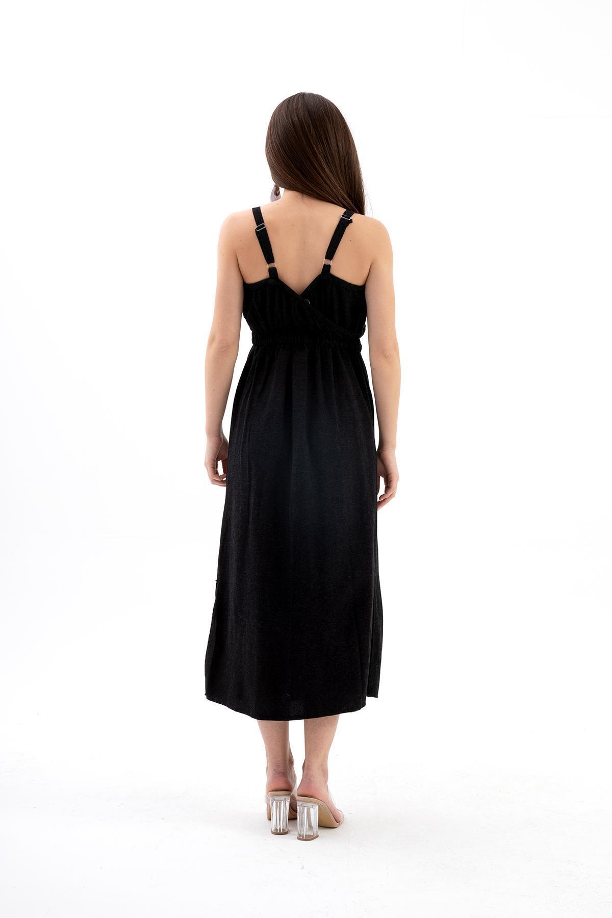 VAPUR TEKSTİL-Black Linen Dress - Straps, Buttons and Slits 7