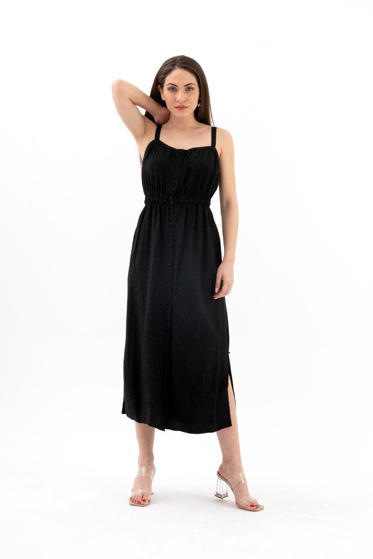 VAPUR TEKSTİL-Black Linen Dress - Straps, Buttons and Slits 2