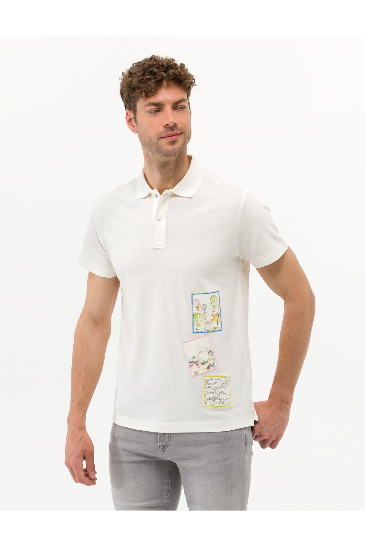 تی‌شرت یقه گرد طرح‌دار سفید کرم رنگ 50264195-VR019 پیر کاردین پولوشرت Pierre Cardin