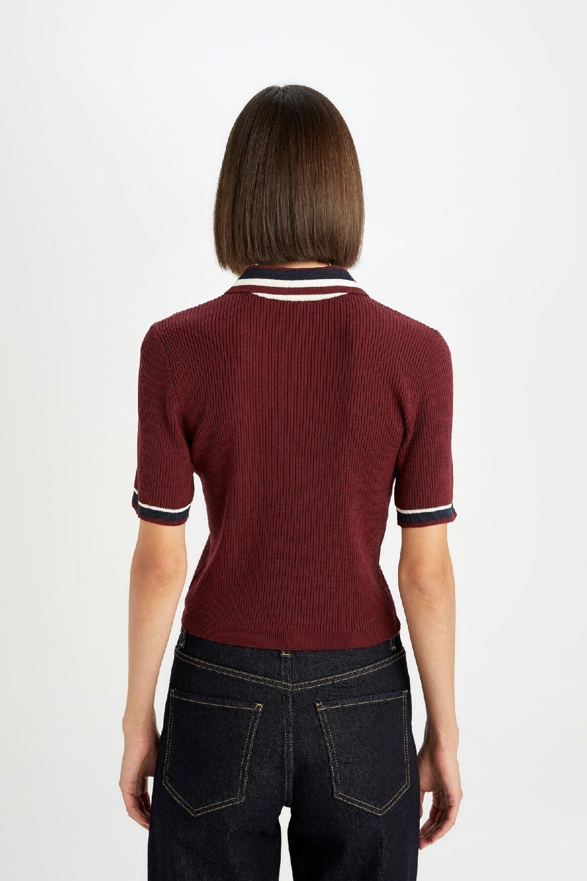 DeFacto-Burgundy Polo Neck Knitwear Sweater - Regular Fit, Short Sleeve Button D4233Ax24Au 6