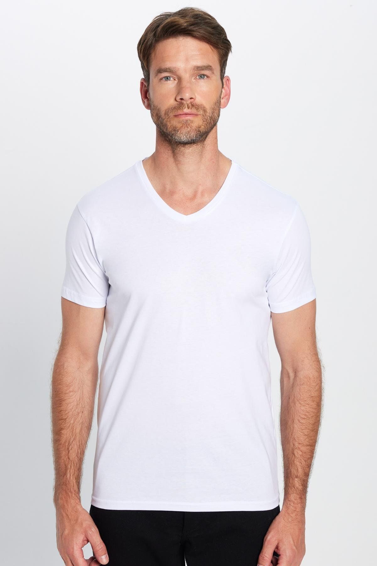 Tudors-Men's Slim Fit Slim Fit 100% Cotton Soft Textured White V-Neck T-Shirt 2