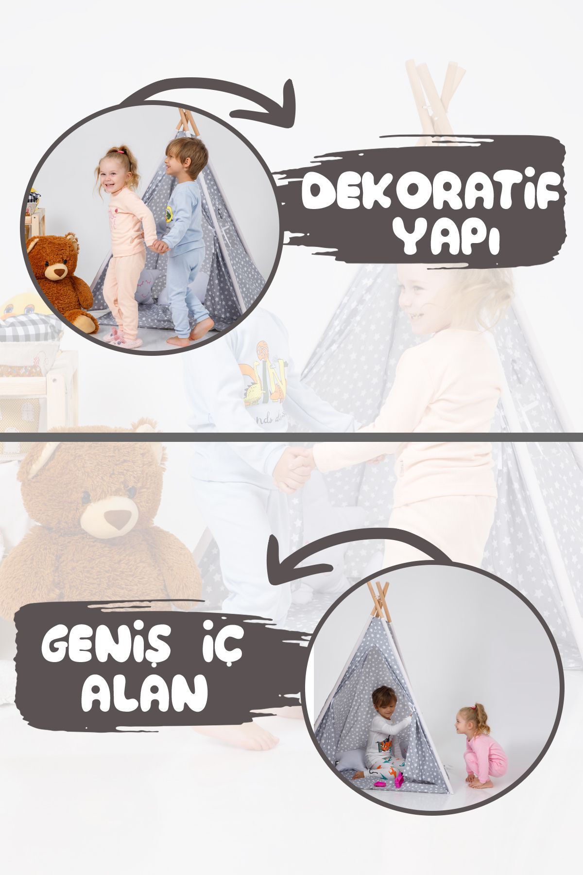 Irk Lemoon Devrilmeyen Minderli Oyun Alanı Kızılderili Ahşap Direkli Geniş Oyun Çadırı fotoğrafı 4 (önizleme)