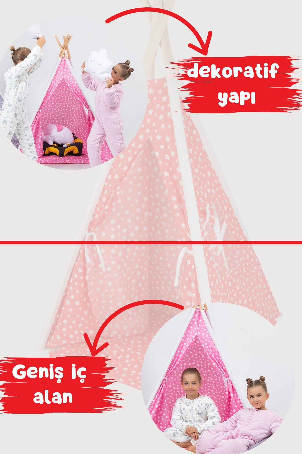 BabyModa Çocuklar İçin Geniş Kızılderili Ahşap Direkli Oyun Çadırı ve Rahatlatıcı Ev & Bahçe Oyun Alanı Minde fotoğrafı 4 (önizleme)