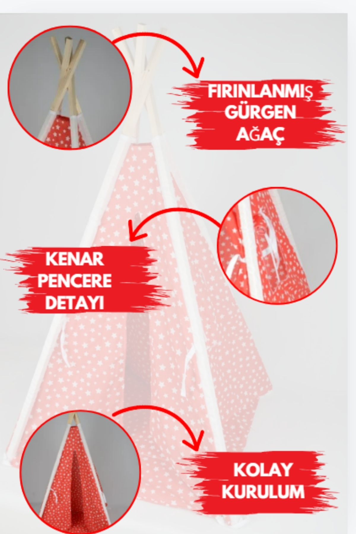 BabyModa Çocuklar İçin Geniş Kızılderili Ahşap Direkli Oyun Çadırı ve Rahatlatıcı Ev & Bahçe Oyun Alanı Minde fotoğrafı 2 (önizleme)