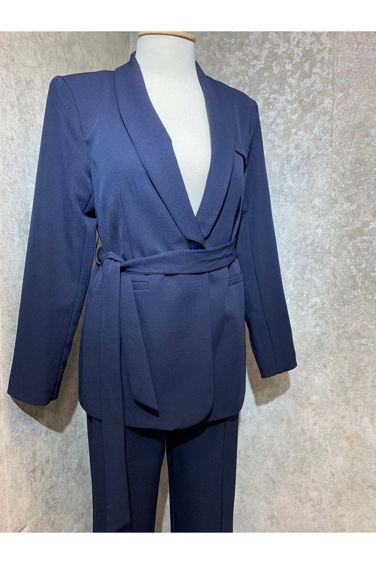 Beray-24y30047 Navy Blue Single Button and Waist Belted Lined Jacket and Trousers Set - 40 2