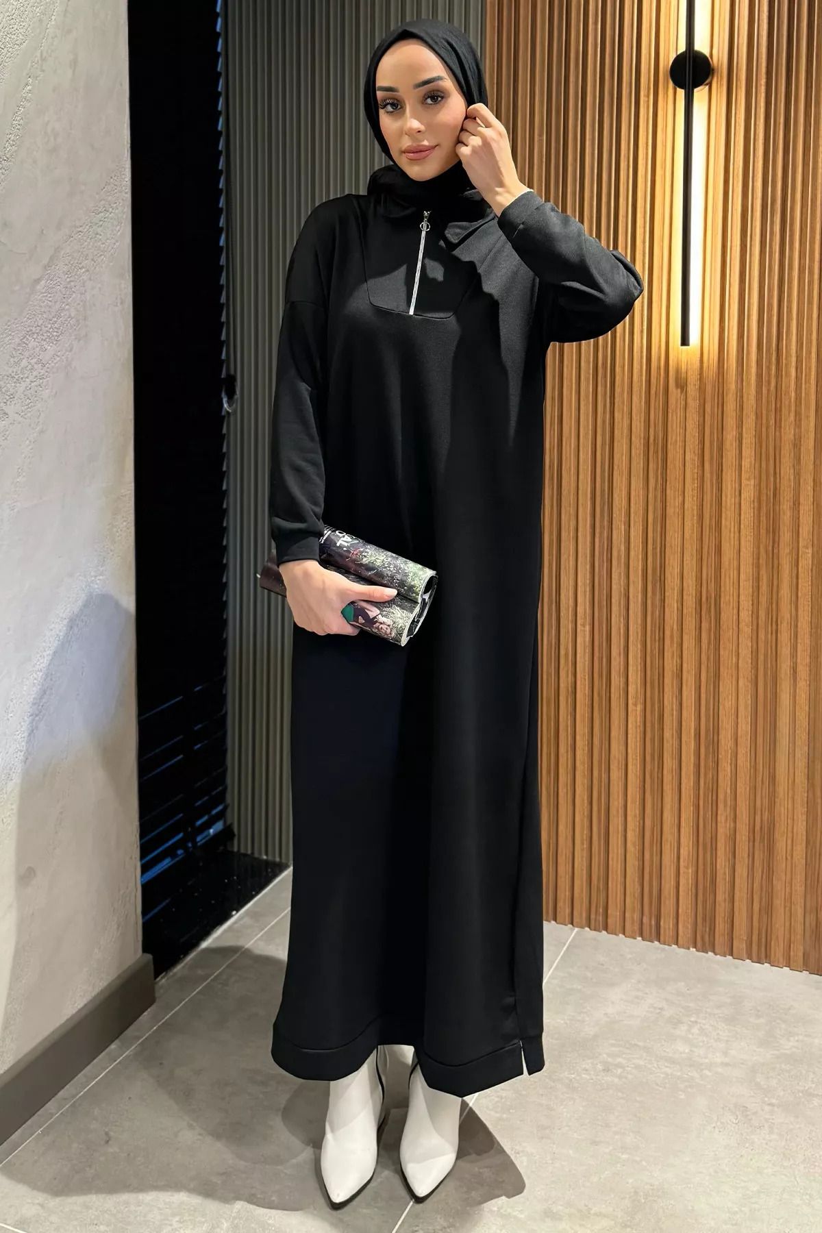 julude-Black Half Zipper Hijab Dress 2