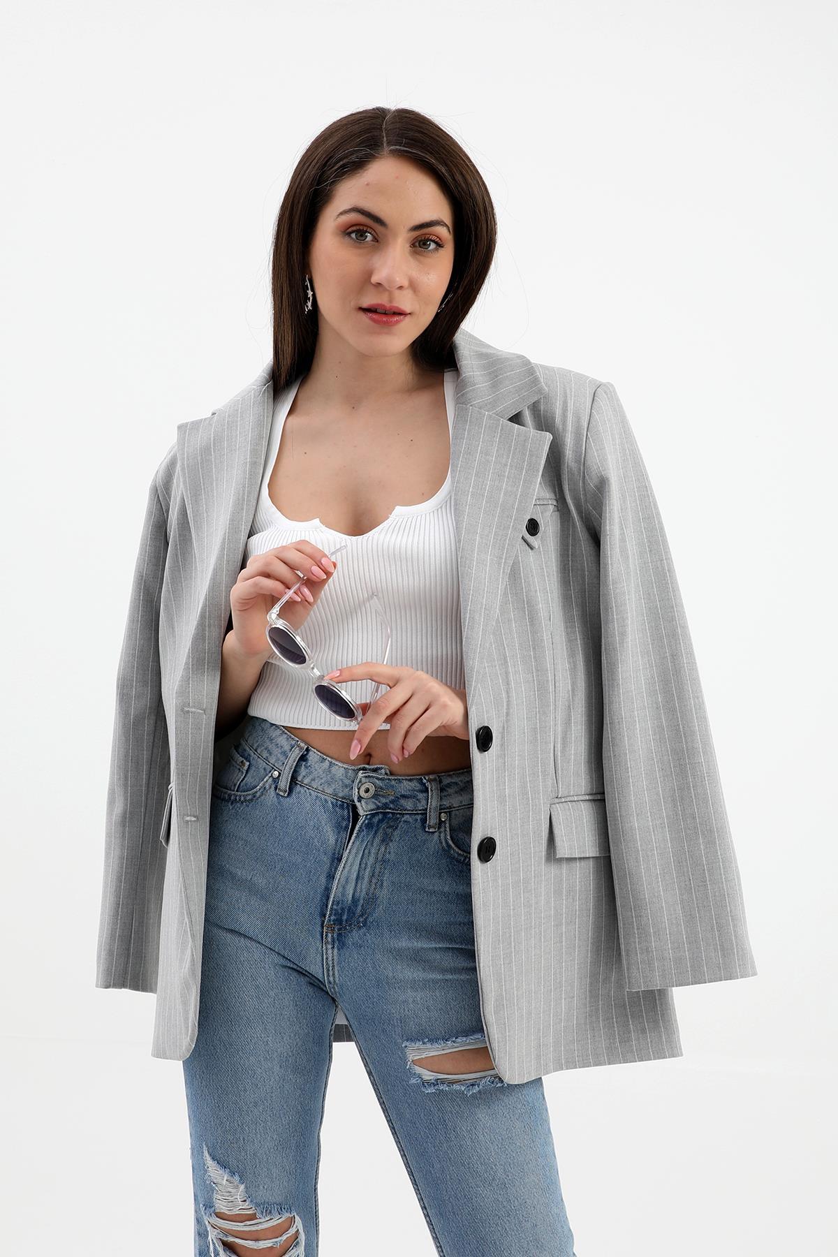 VAPUR TEKSTİL Blazer Ceket Çizgili Atlas Kumaş - Gri görsel 7
