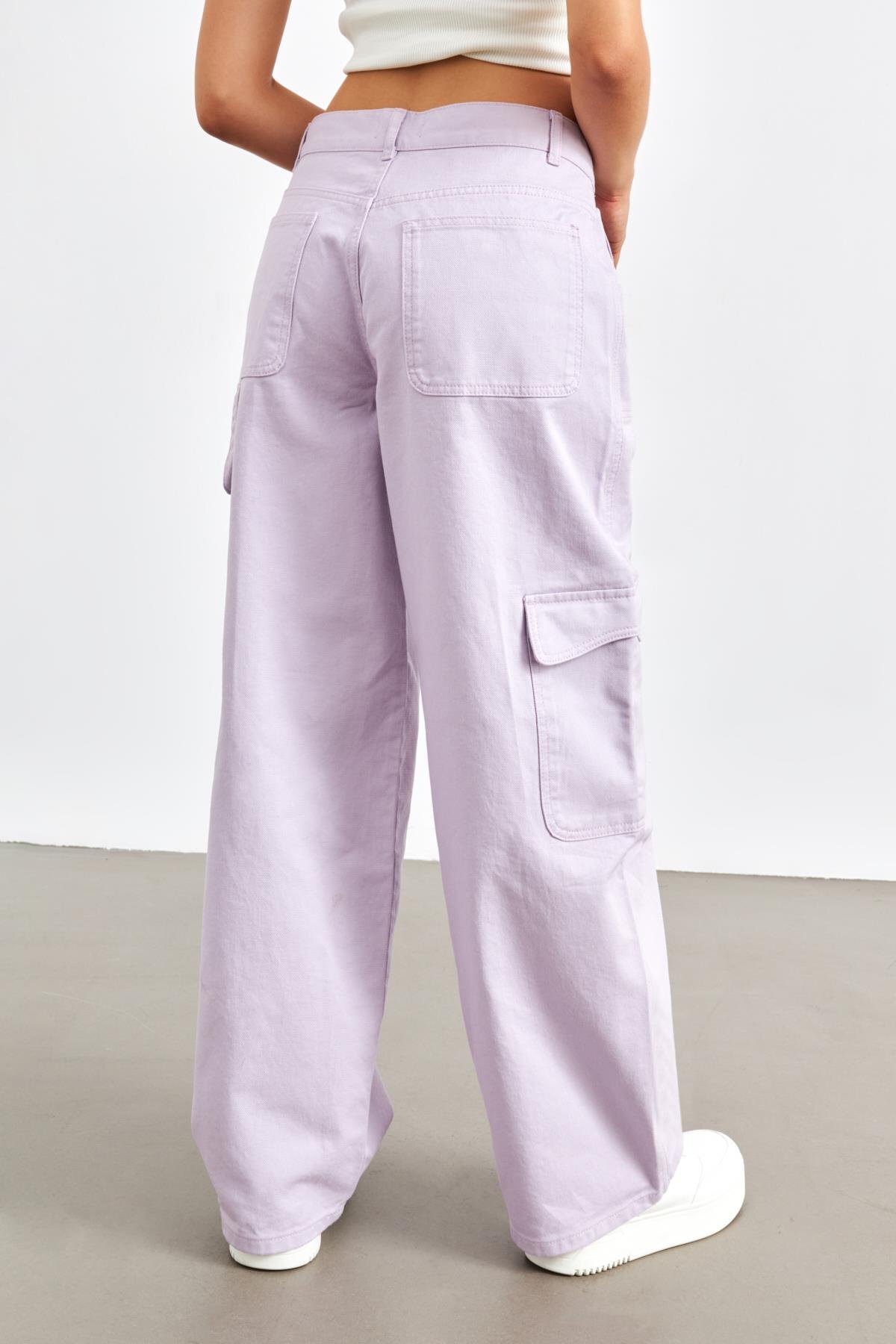 YOUR NAME  Yüksek Bel Kargo Cepli Lila Kadın Jean - Görsel 5