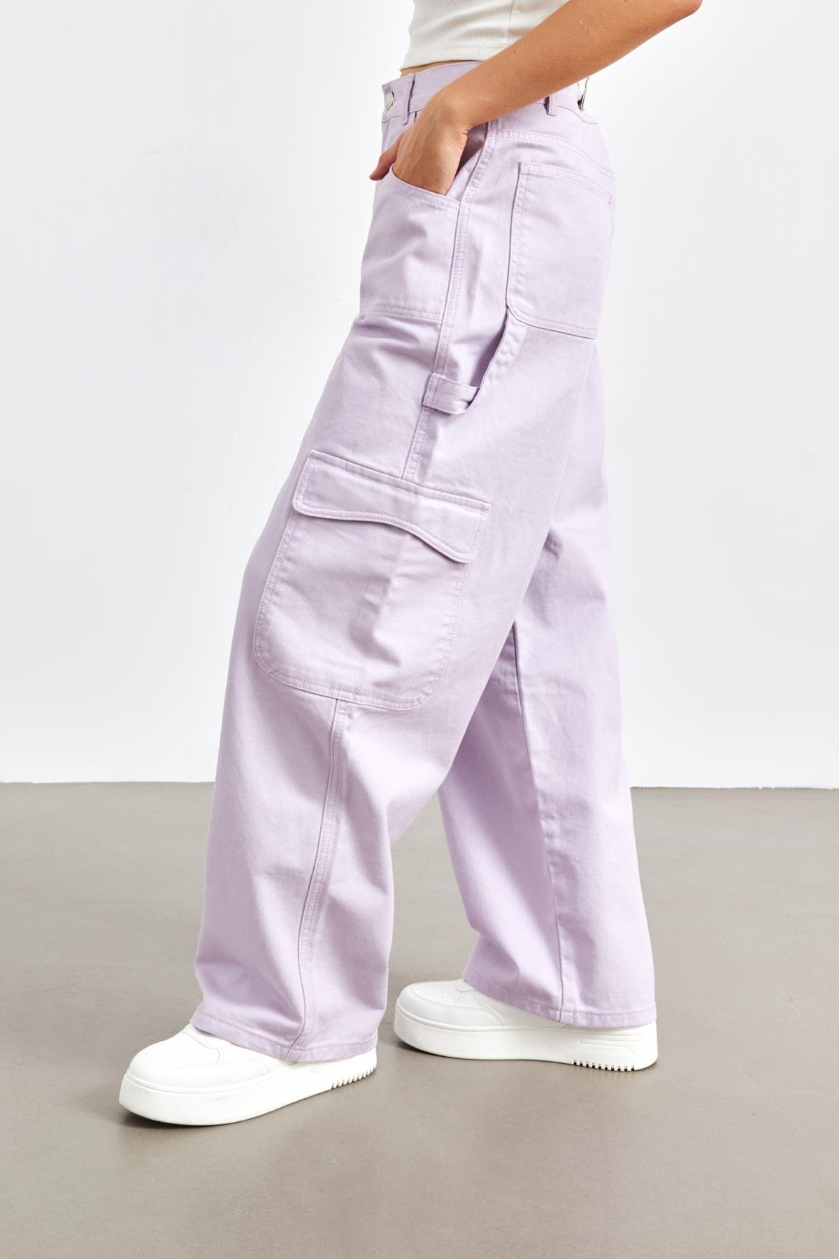 YOUR NAME  Yüksek Bel Kargo Cepli Lila Kadın Jean - Görsel 3