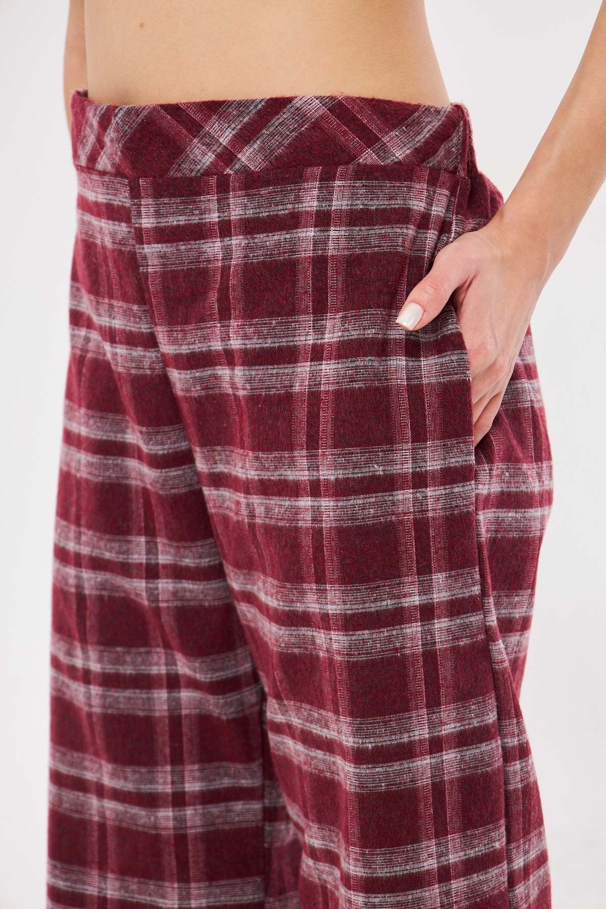 armonika-Women's Burgundy-Grey Back Waist Elastic Leg Detailed Pocket Palazzo Trousers Arm-25K 001018 2