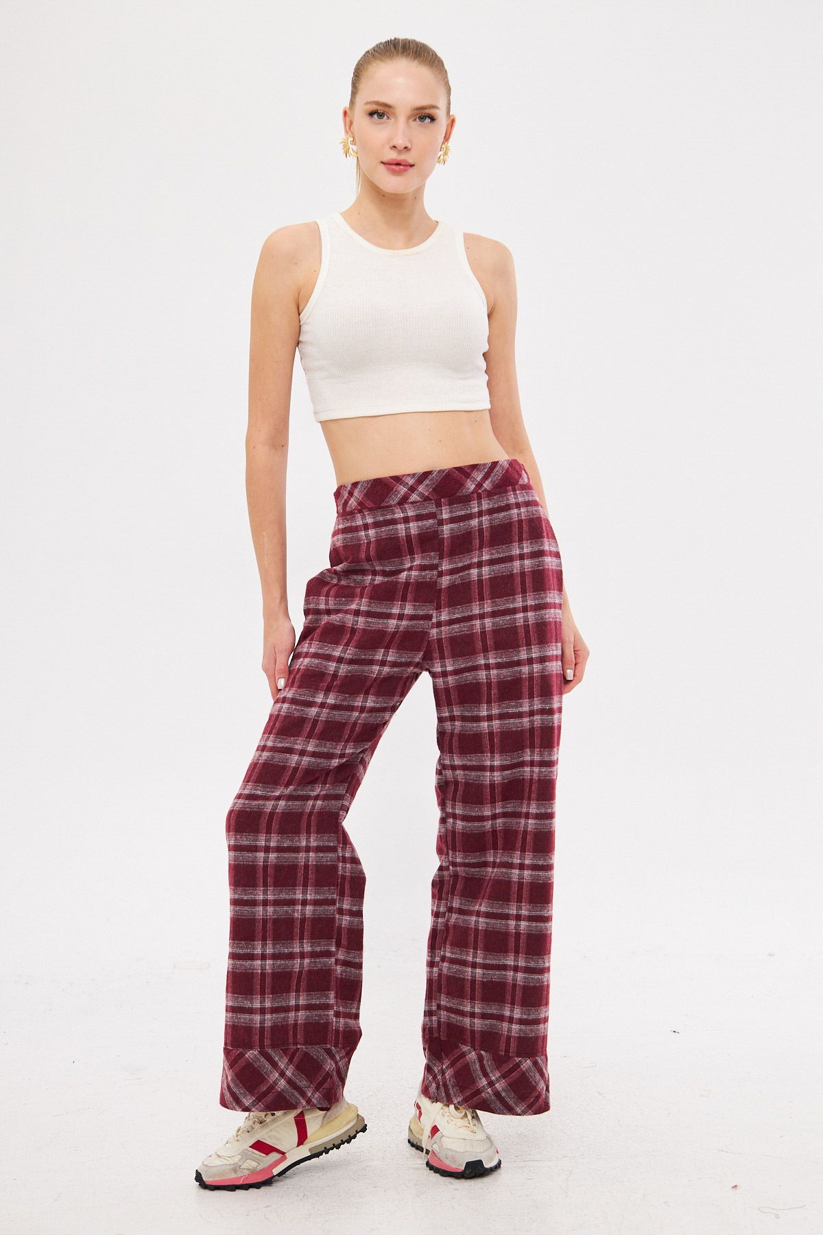 armonika-Women's Burgundy-Grey Back Waist Elastic Leg Detailed Pocket Palazzo Trousers Arm-25K 001018 1