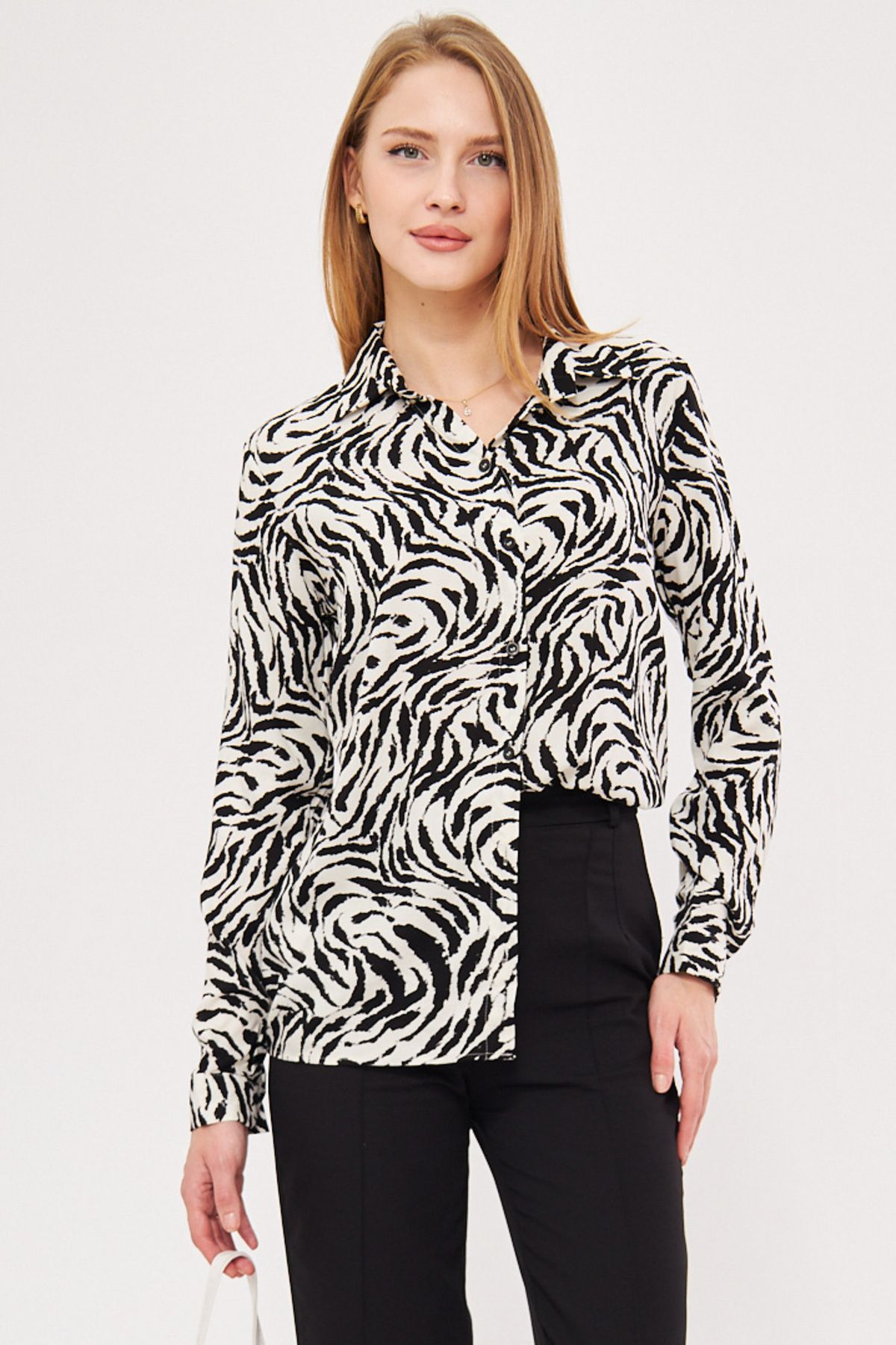 armonika-Women's White-Black Patterned Long Sleeve Shirt Arm-25K 001040 1