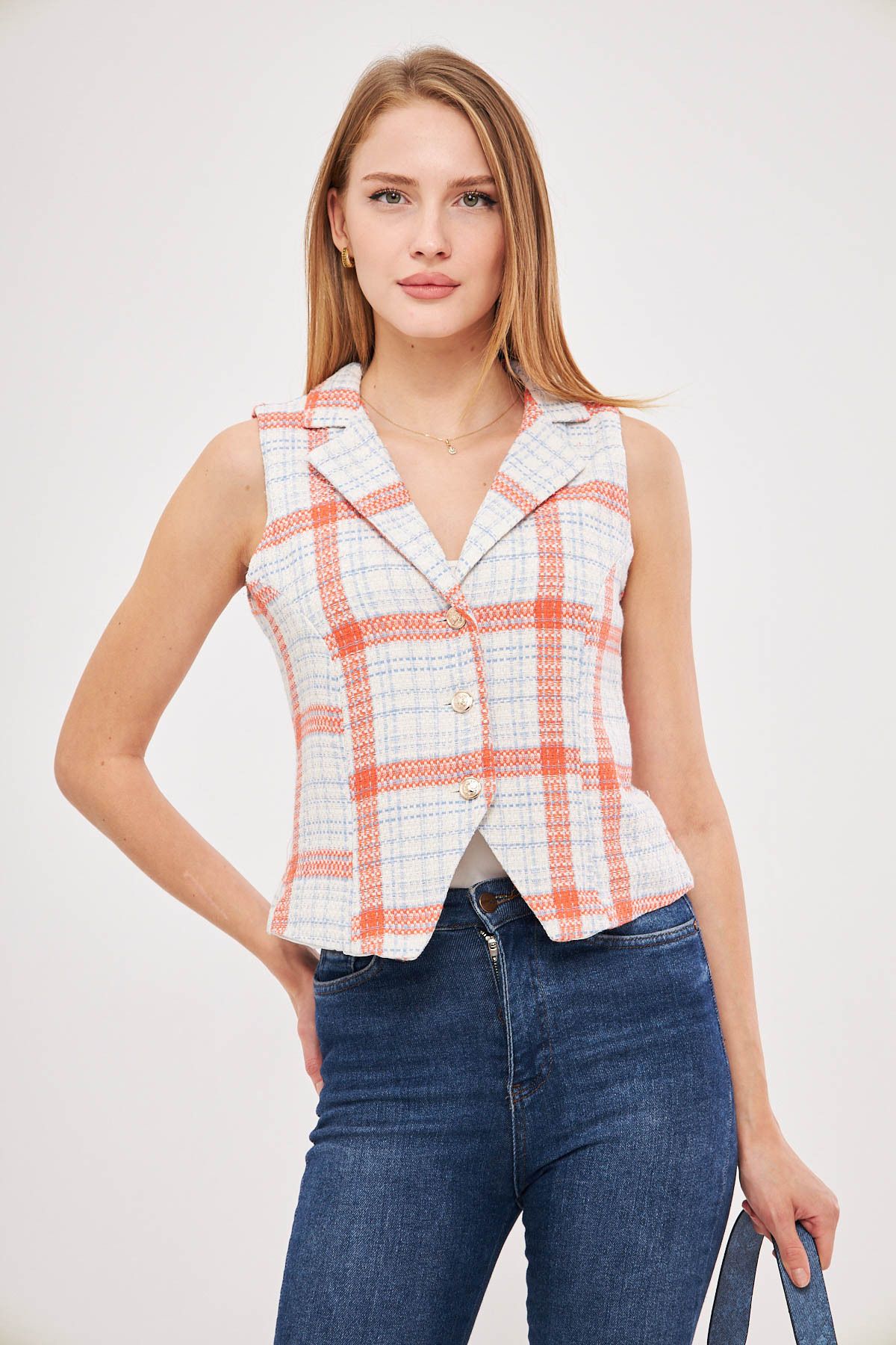 armonika-Women's Orange-Blue Men's Collar Fitted Lined Plaid Vest Arm-25K 001032 3