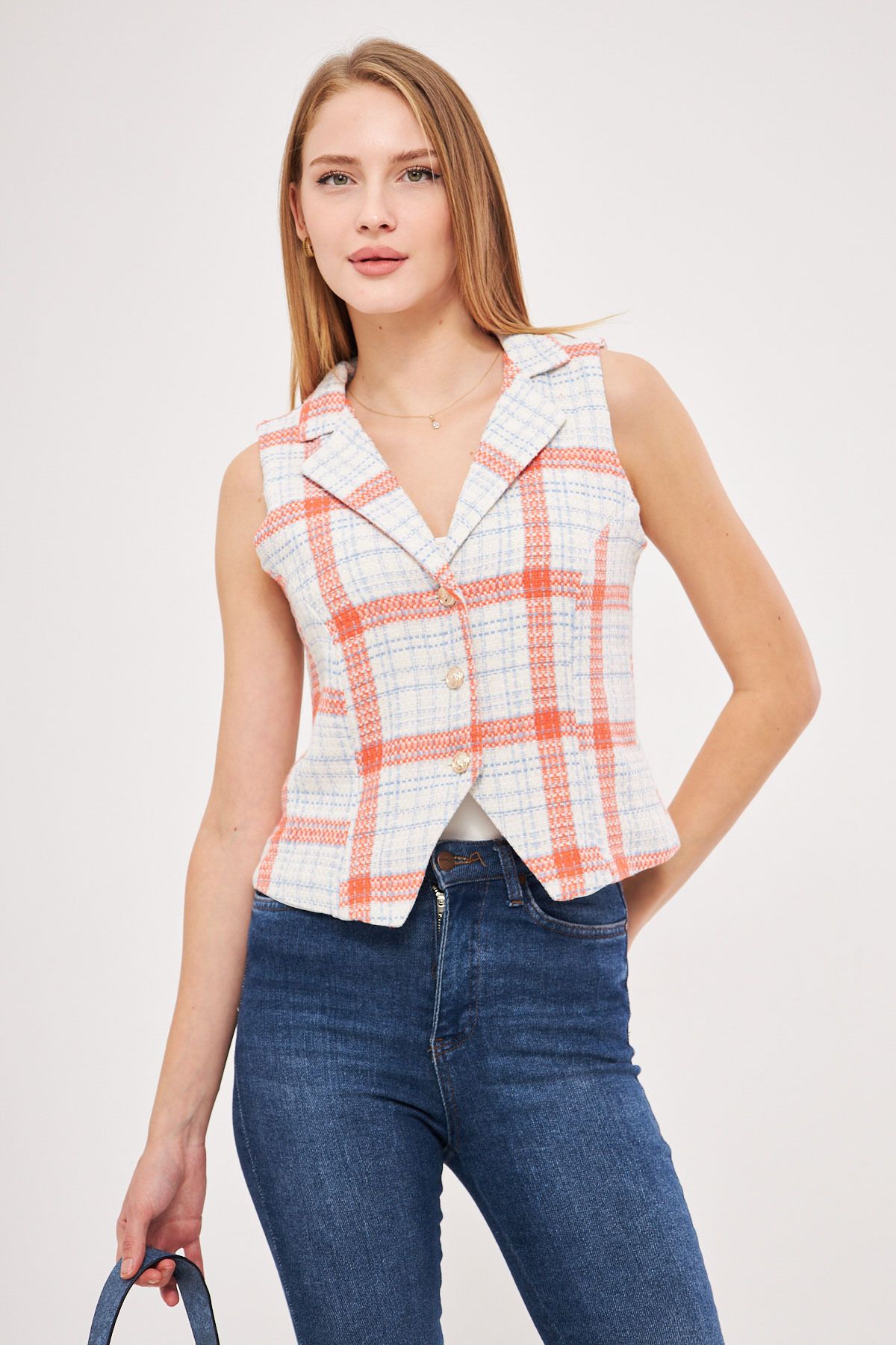 armonika-Women's Orange-Blue Men's Collar Fitted Lined Plaid Vest Arm-25K 001032 1