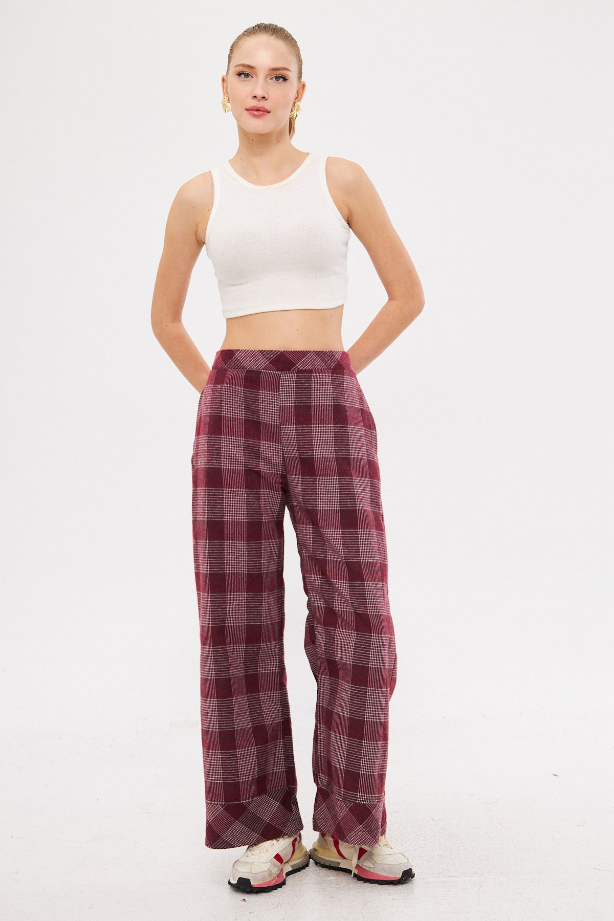 armonika-Women's Dark Claret Red Back Waist Elastic Leg Detailed Pocket Palazzo Trousers Arm-25K 001018 1