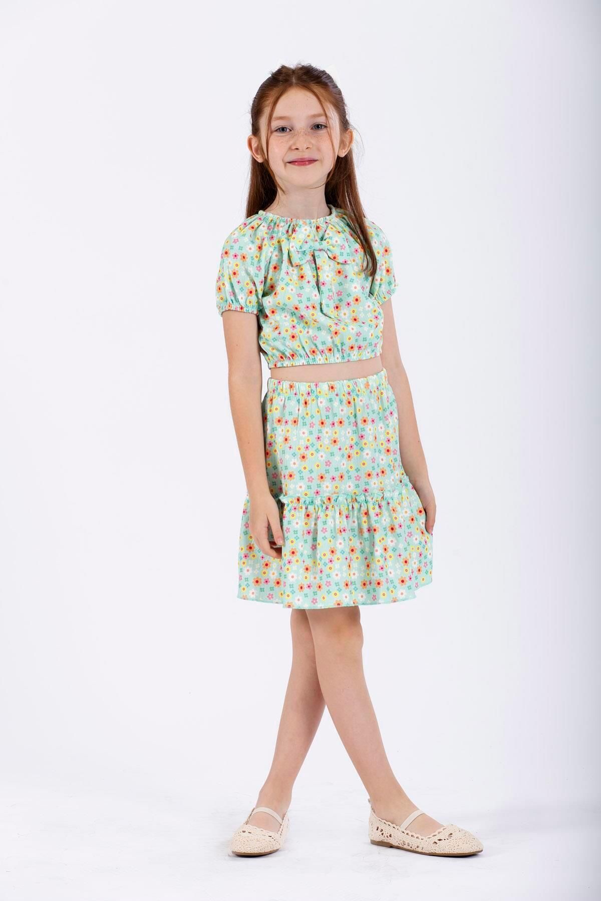 zepkids-Green Colored Girl's Skirt Set - Bow Detail 1