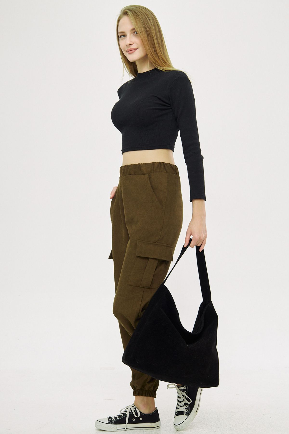 armonika-Women's Dark Khaki Velvet Thin Corduroy Cargo Pants with Elastic Waist and Legs Arm-25K 001035 3