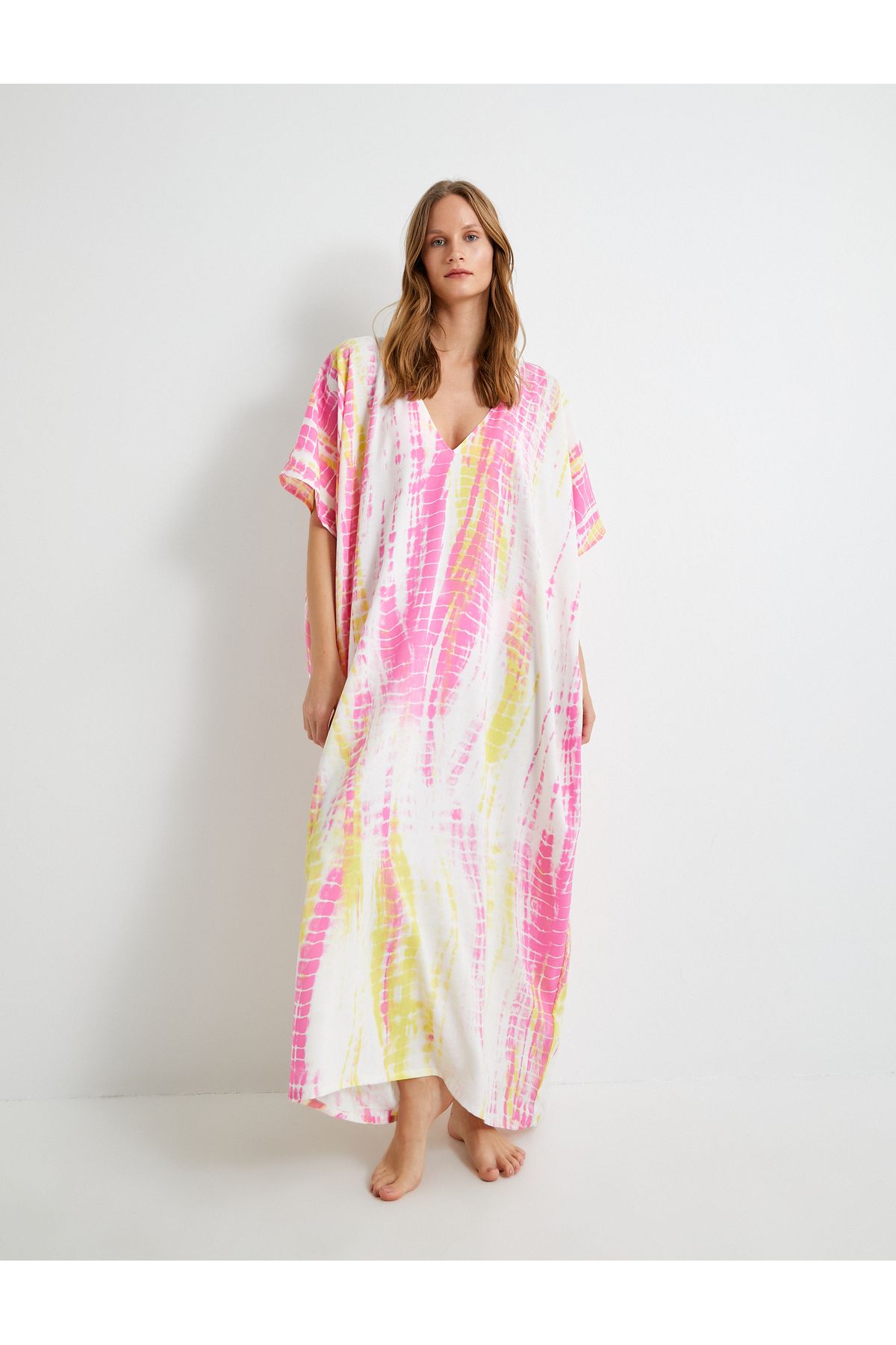 Koton-Viscous Oversize Beach Dress - Tie-Dye Pattern, V-Neck 1