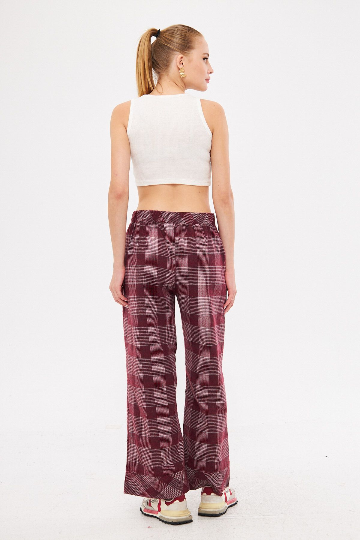 armonika-Women's Dark Claret Red Back Waist Elastic Leg Detailed Pocket Palazzo Trousers Arm-25K 001018 3