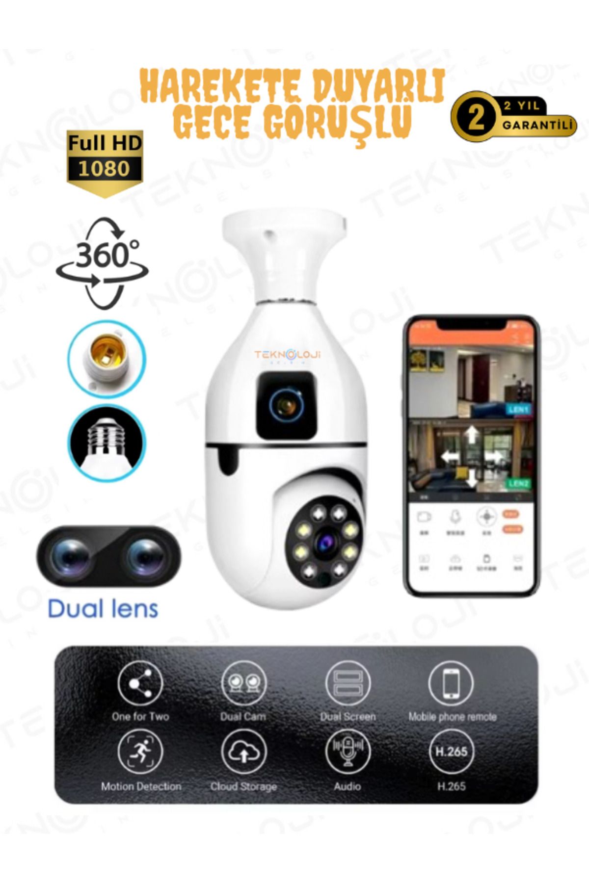 Teknoloji Gelsin Smart Kamera Çift Lens Kablosuz 360° Full HD Gece Görüşlü Hareket Algılama Bebek İzleme Ampül Kamera