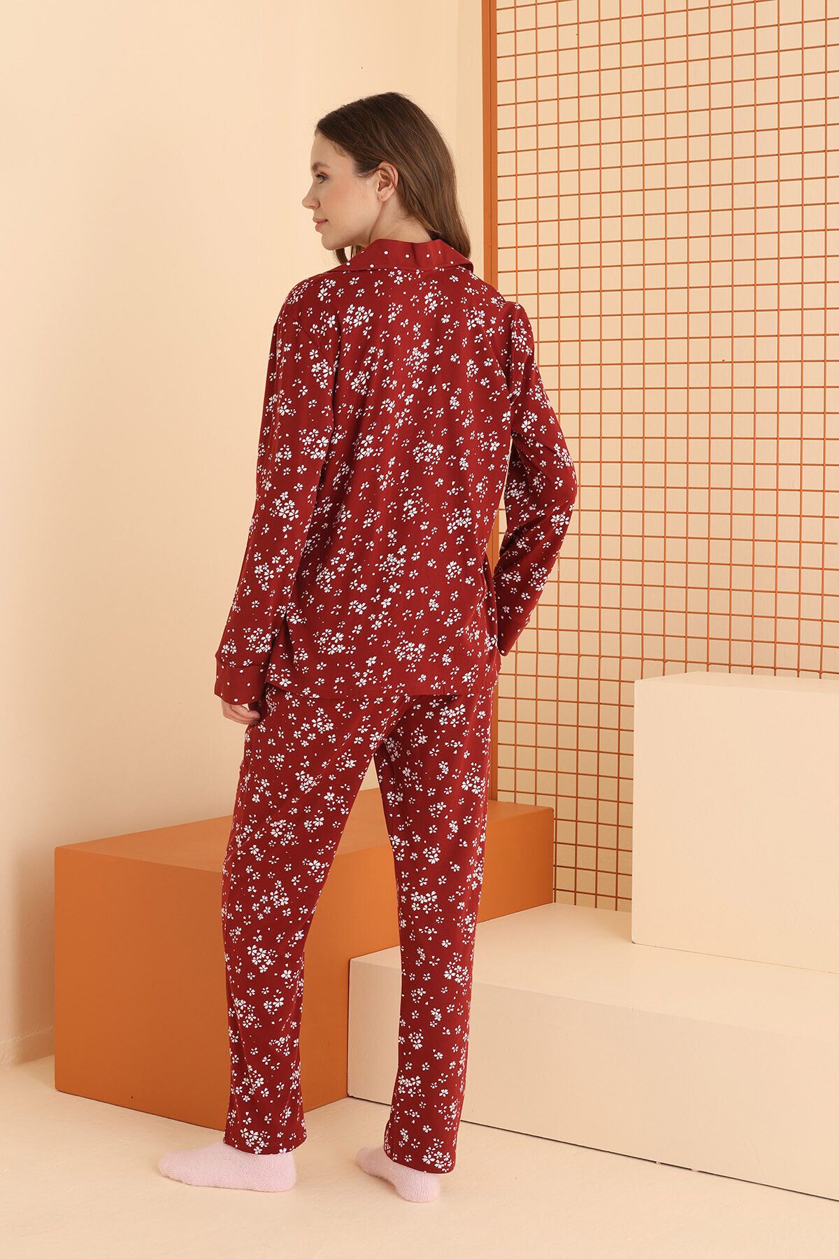 NBB-Claret Red Women's Pajama Set - Cotton, Floral Pattern, Long Sleeve, Shirt Collar 3