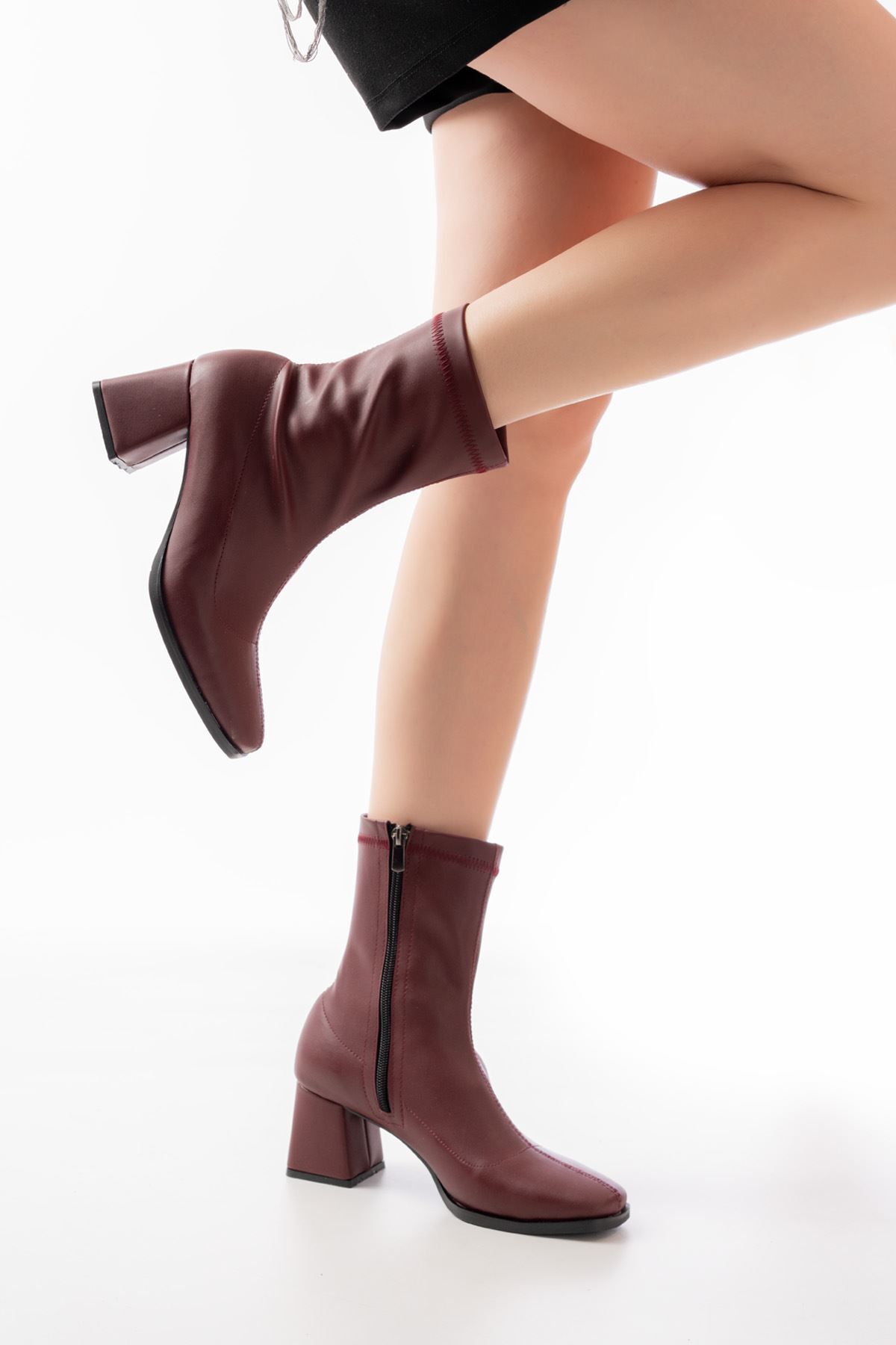ASFSTORE MSK-033 Bordo Topuklu Fermuarlı Kadın Bot