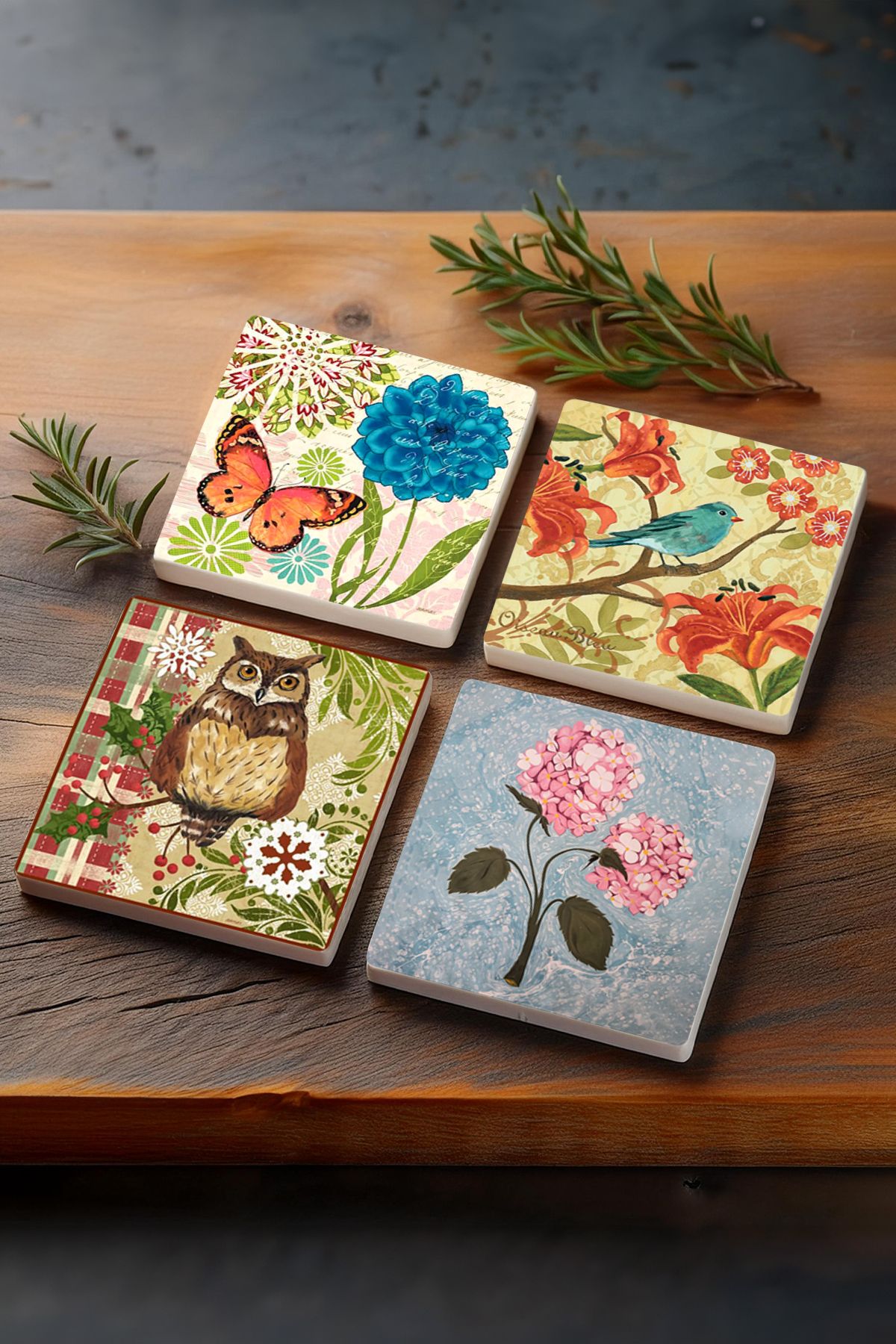 Pinecone-Butterfly, Sparrow, Pink Hydrangea Flower, Owl Stone Coasters Protective Coasters Set of 4 10x10cm 1