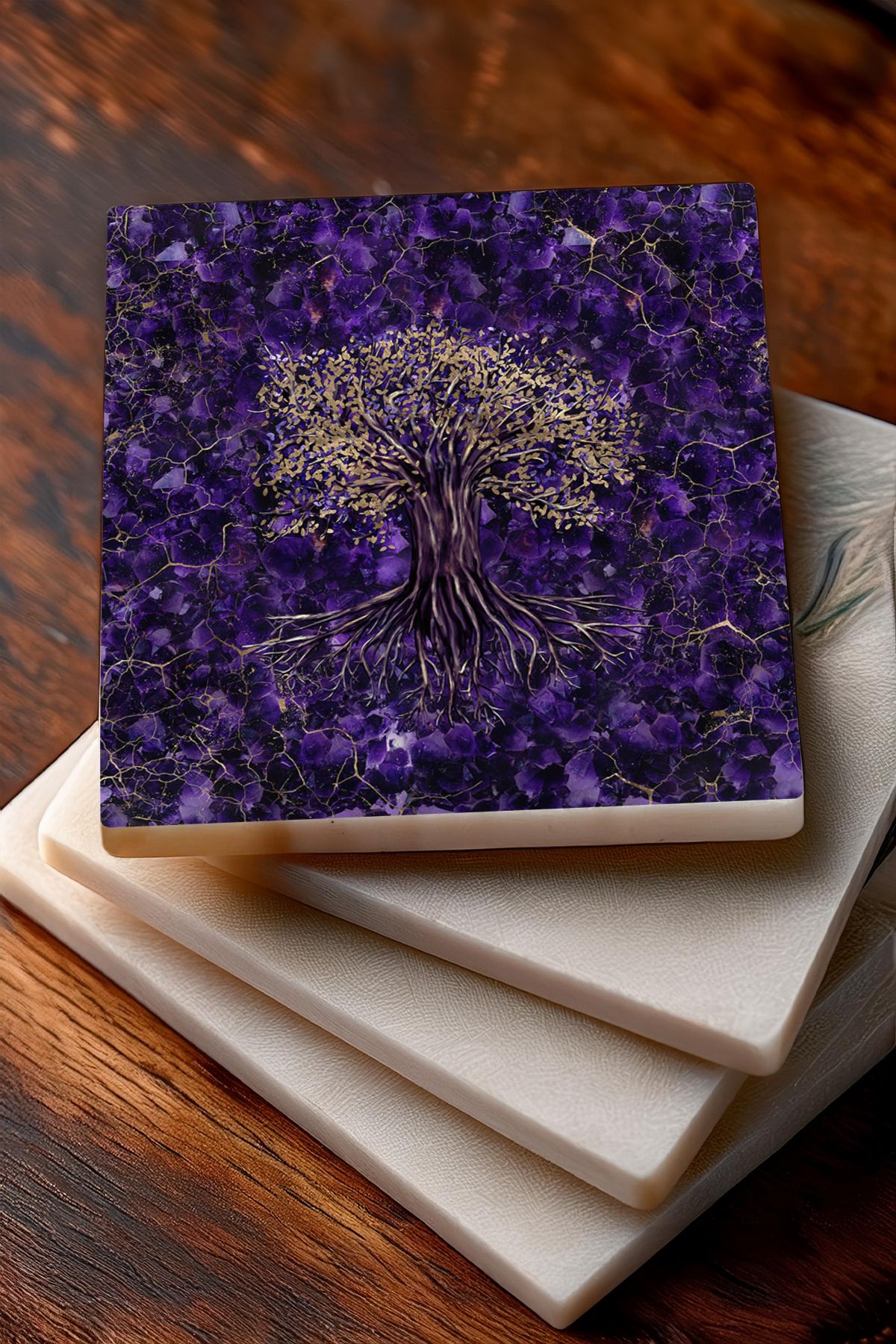 Pinecone-Tree of Life, Elephant, Mother Fatima Hand (HAMSA), Shahmeran Stone Coasters Set of 4 10x10cm 3