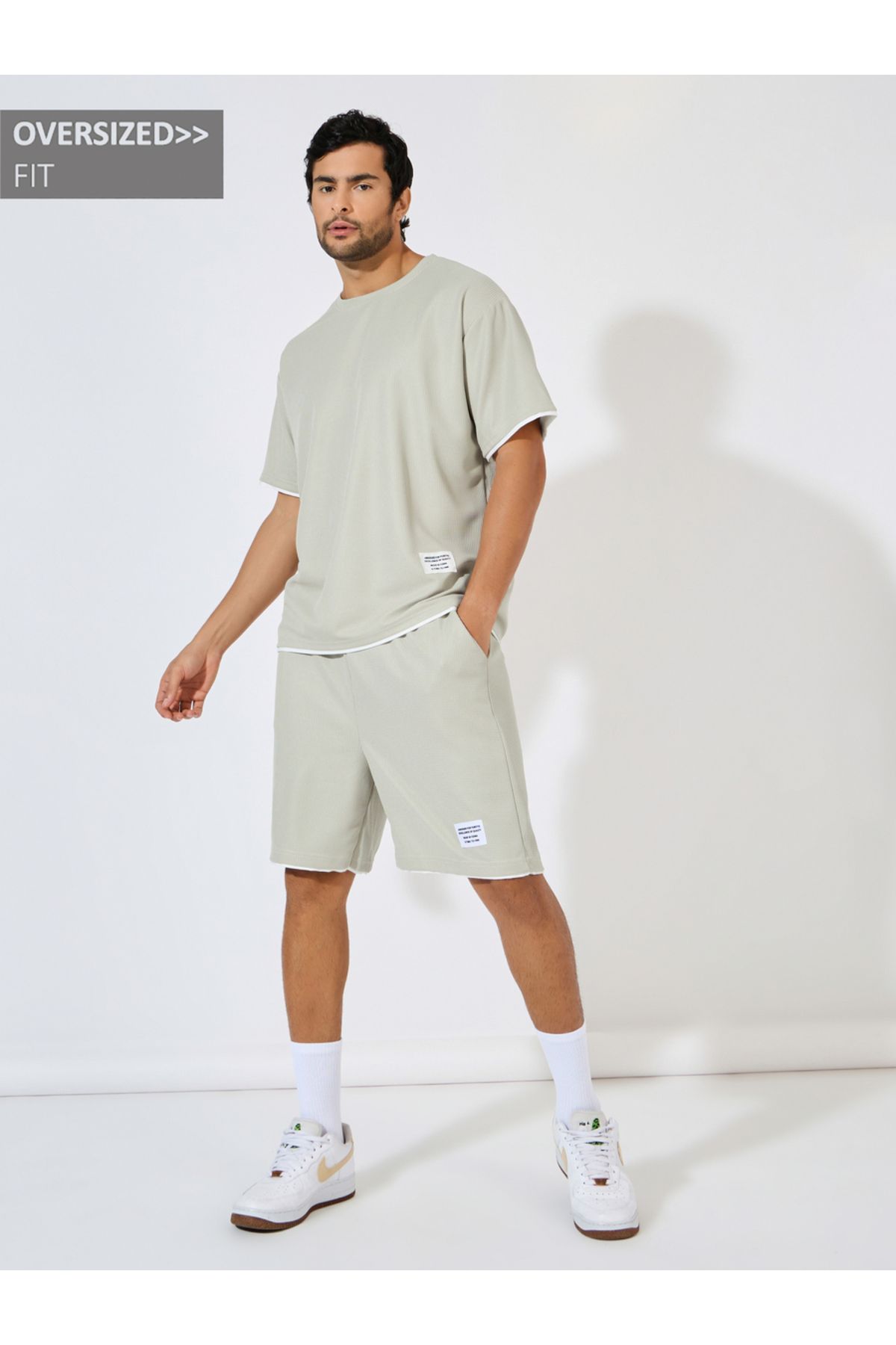 Styli-Oversized Waffle Knit Badge T-Shirt & Shorts Co-Ords 1