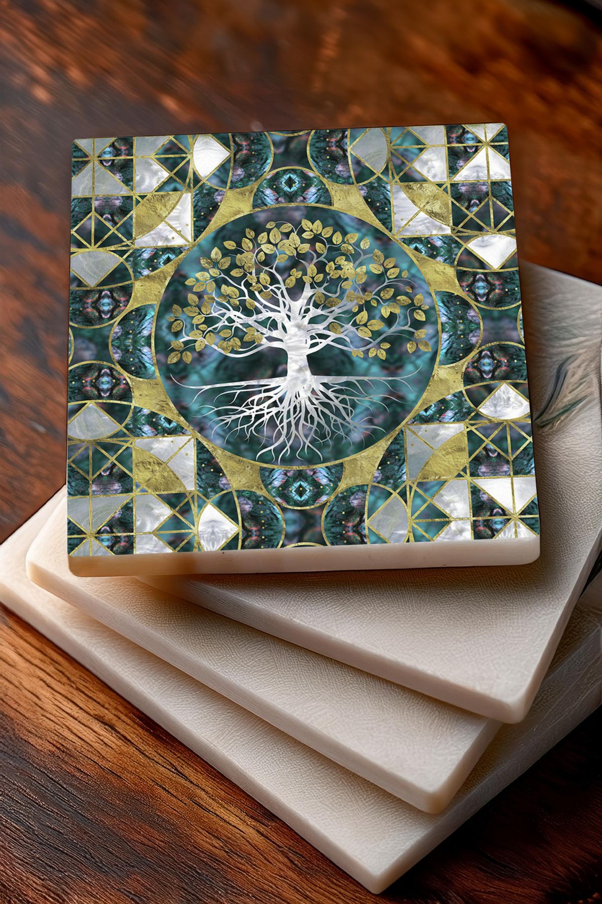 Pinecone-Tree of Life, Pomegranate Tree Stone Coasters Desktop Protective Coasters Set of 4 10x10cm Stone Coasters 3