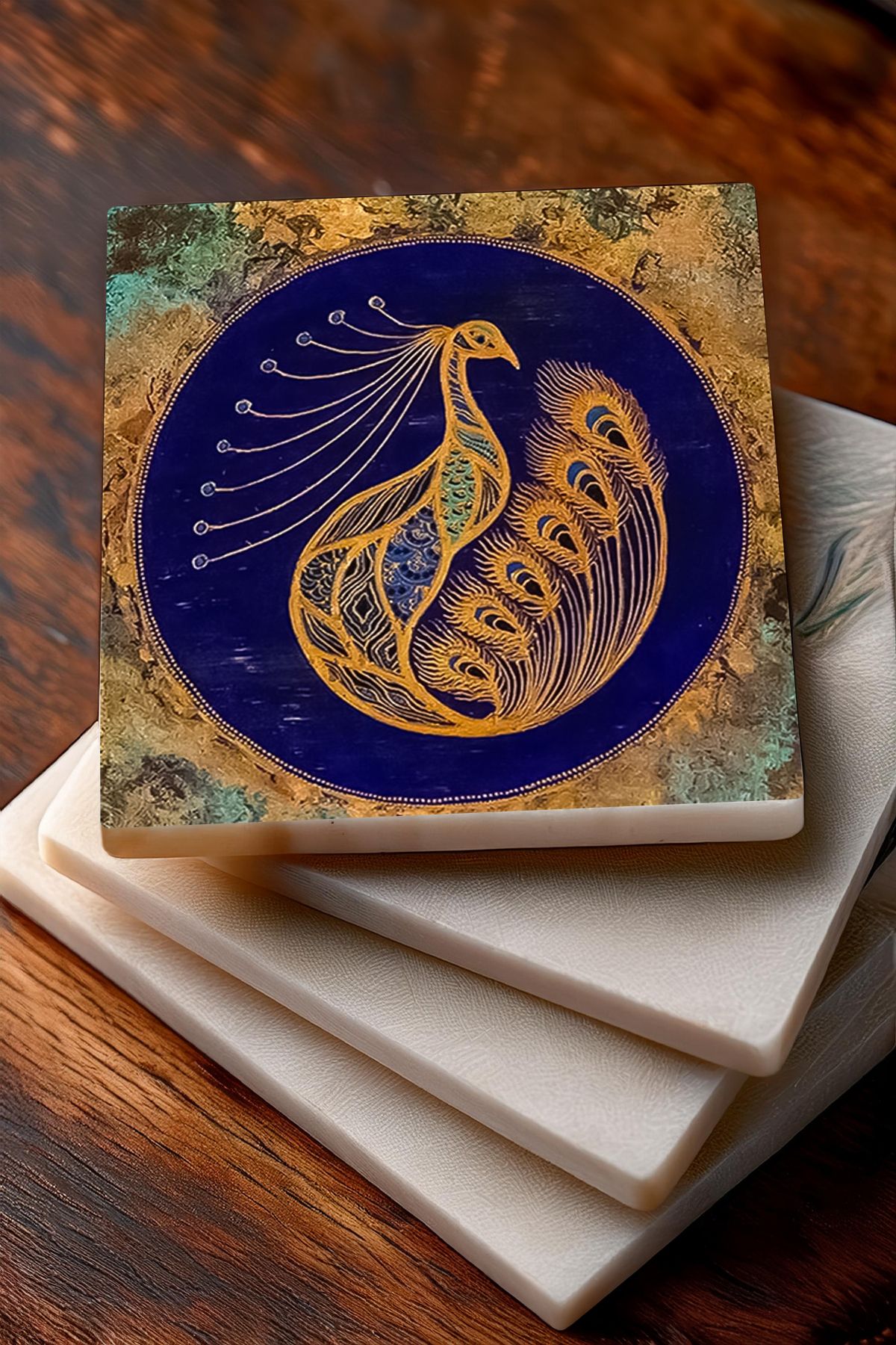 Pinecone-Lotus Flower, Peacock, Flower of Life Stone Coasters Desktop Protective Coasters Set of 4 10x10cm 3