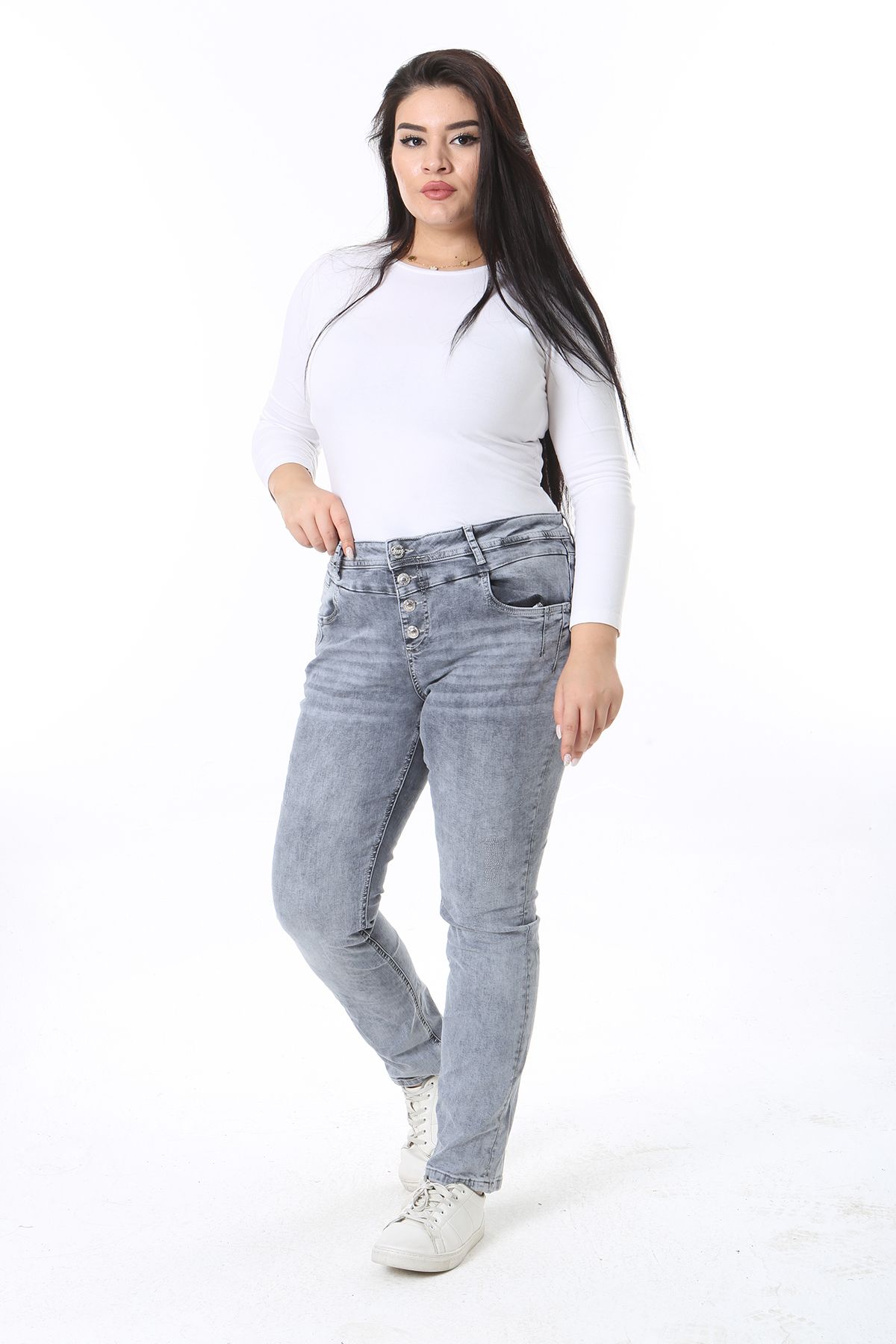 Şans-Women's Large Size Gray Washing Effect 5 Pocket Lycra Jeans 65N38392 1