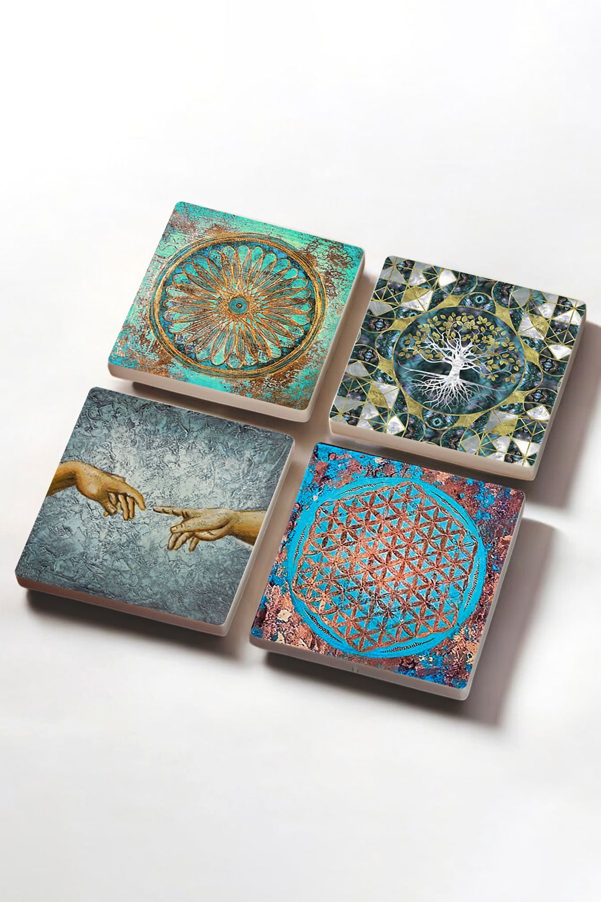 Pinecone-Tree of Life, Michelangelo Creation of Adam, Flower of Life Stone Coasters Set of 4 10x10cm 2