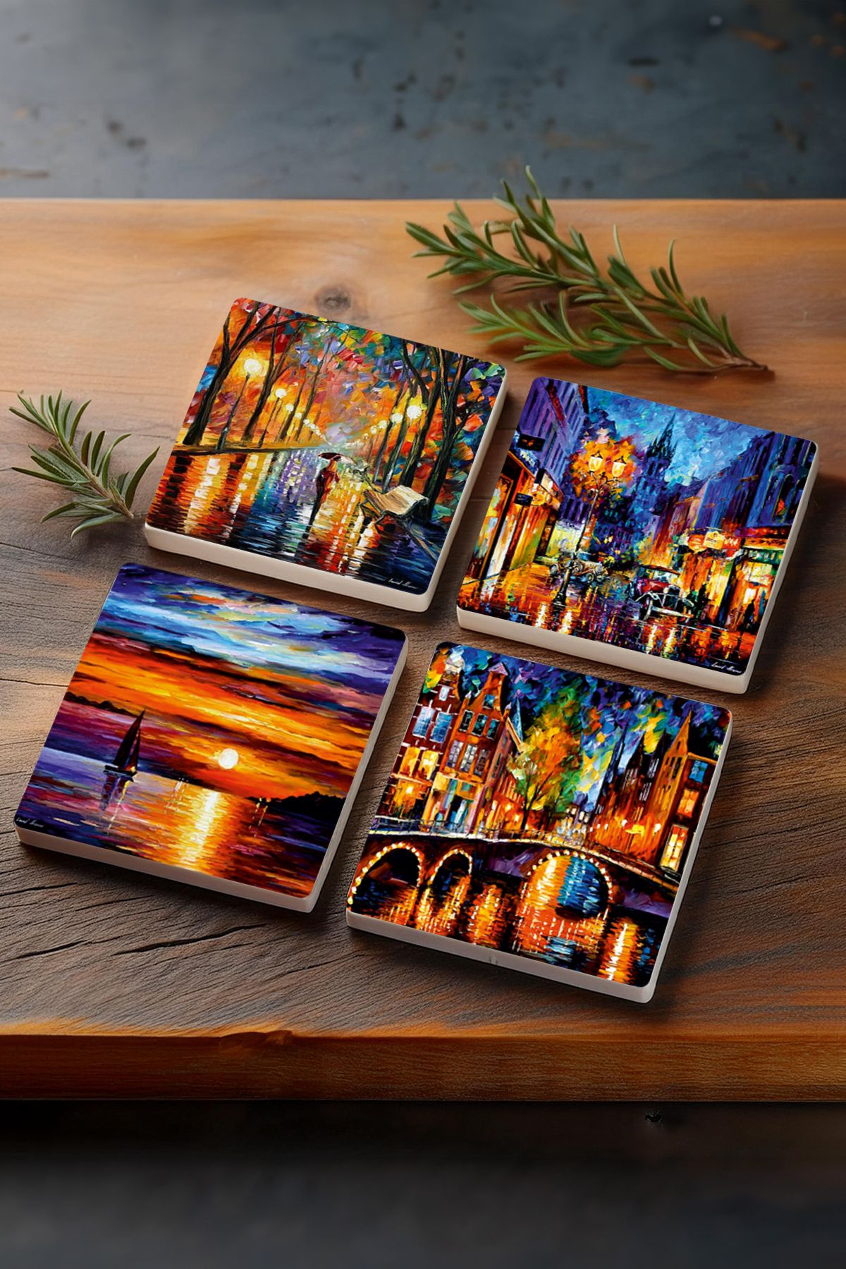 Pinecone-Sea View, Bridge View, Street View, Lanterns Stone Coasters Set of 4 10x10cm 1