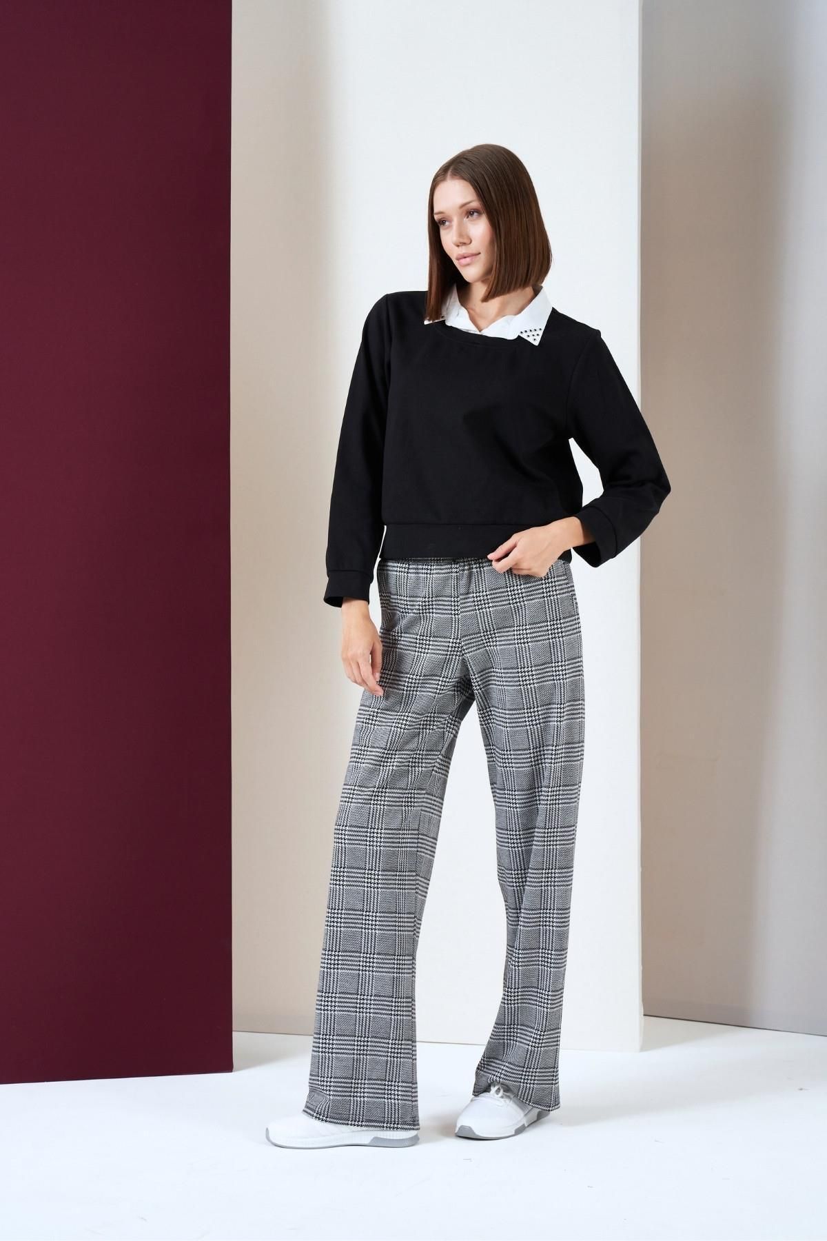 PJS-Women's Woven Fake Collar Plaid Trousers Double Set 2