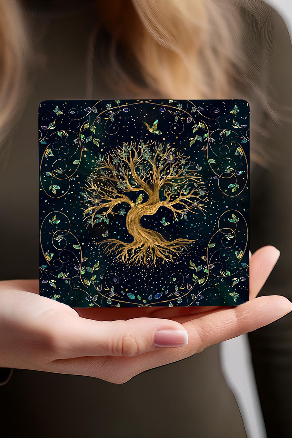 Pinecone-Tree of Life, Pomegranate Tree Stone Coasters Desktop Protective Coasters Set of 4 10x10cm Stone Coasters 4