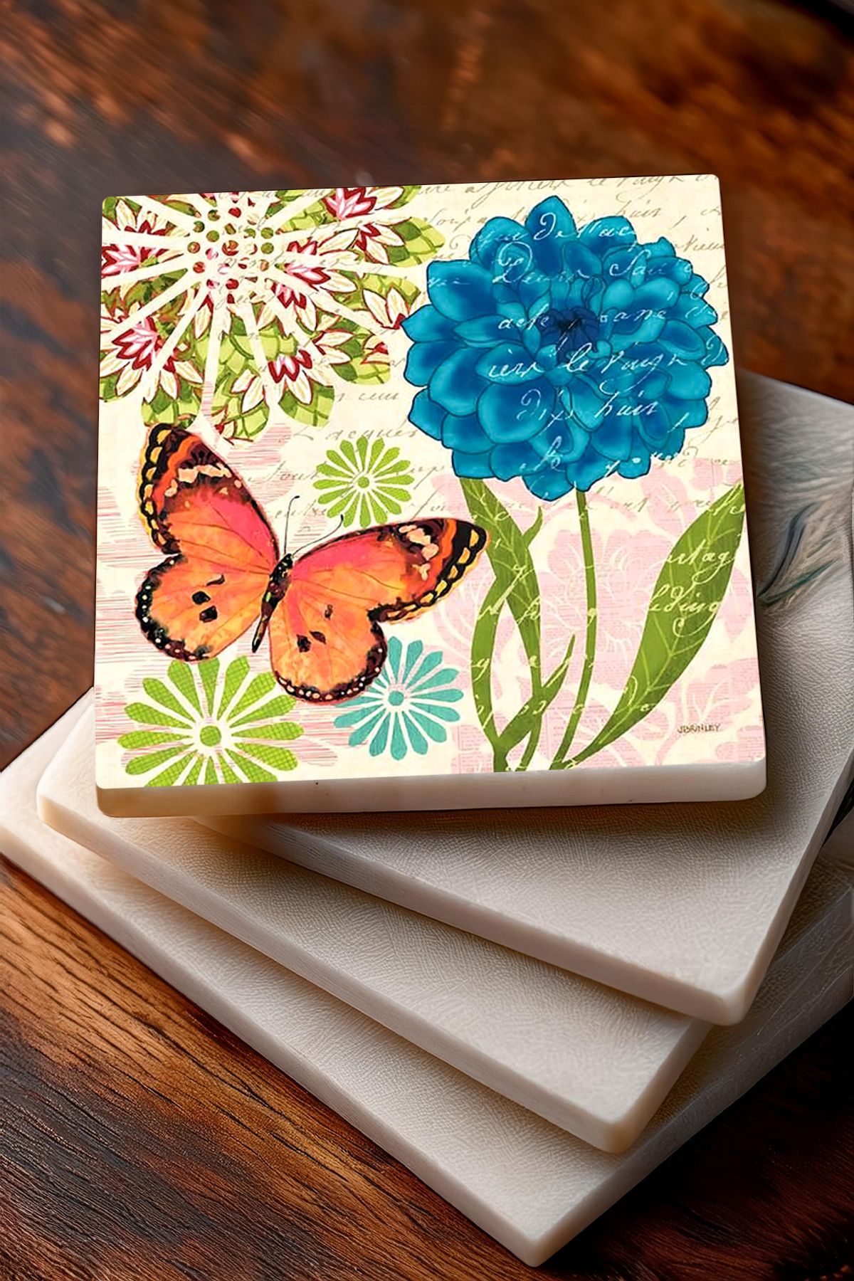 Pinecone-Butterfly, Sparrow, Pink Hydrangea Flower, Owl Stone Coasters Protective Coasters Set of 4 10x10cm 3