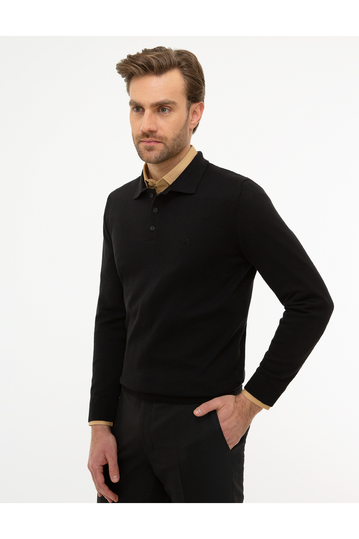 Pierre Cardin Siyah Slim Fit Polo Yaka Basic Triko Kazak 50214242-VR046 görsel 3