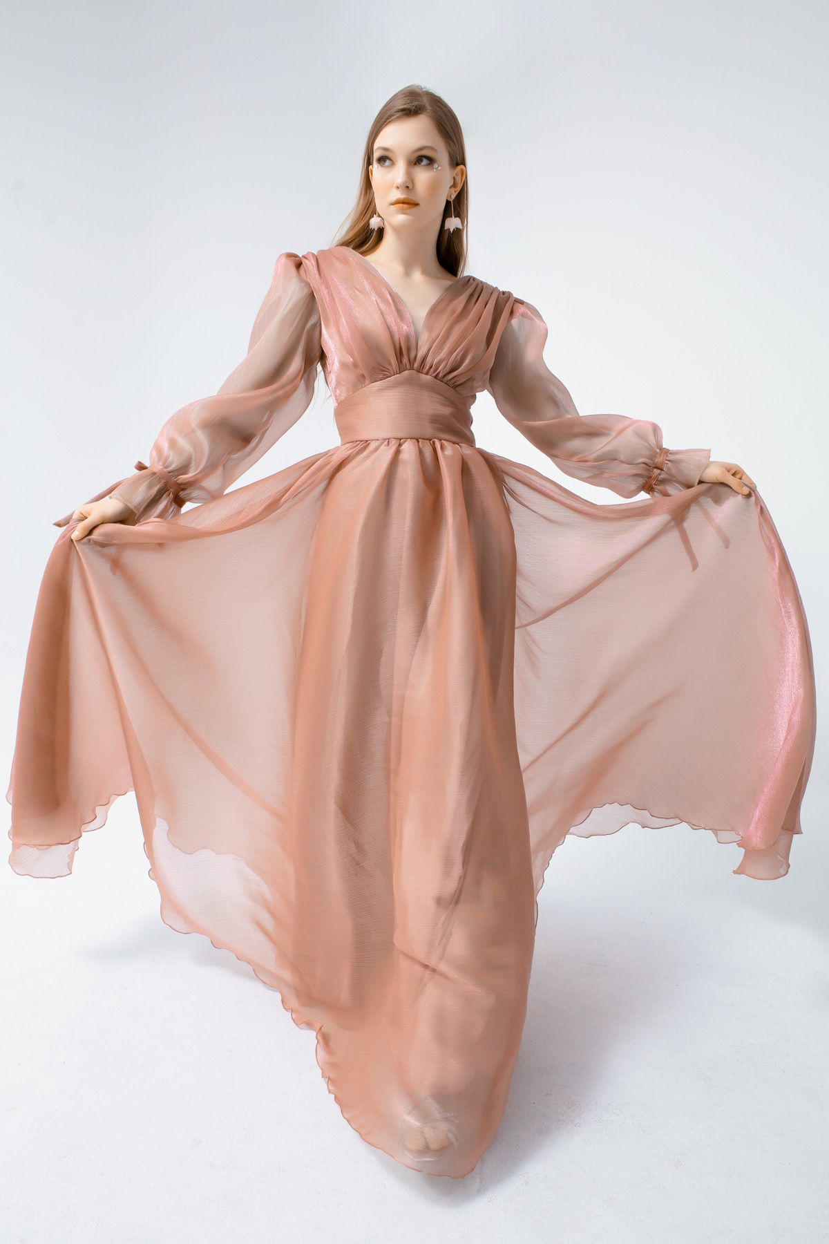 Lafaba-Langes Abendkleid mit lachsfarbenen Ballonärmeln und V-Ausschnitt für Damen 3