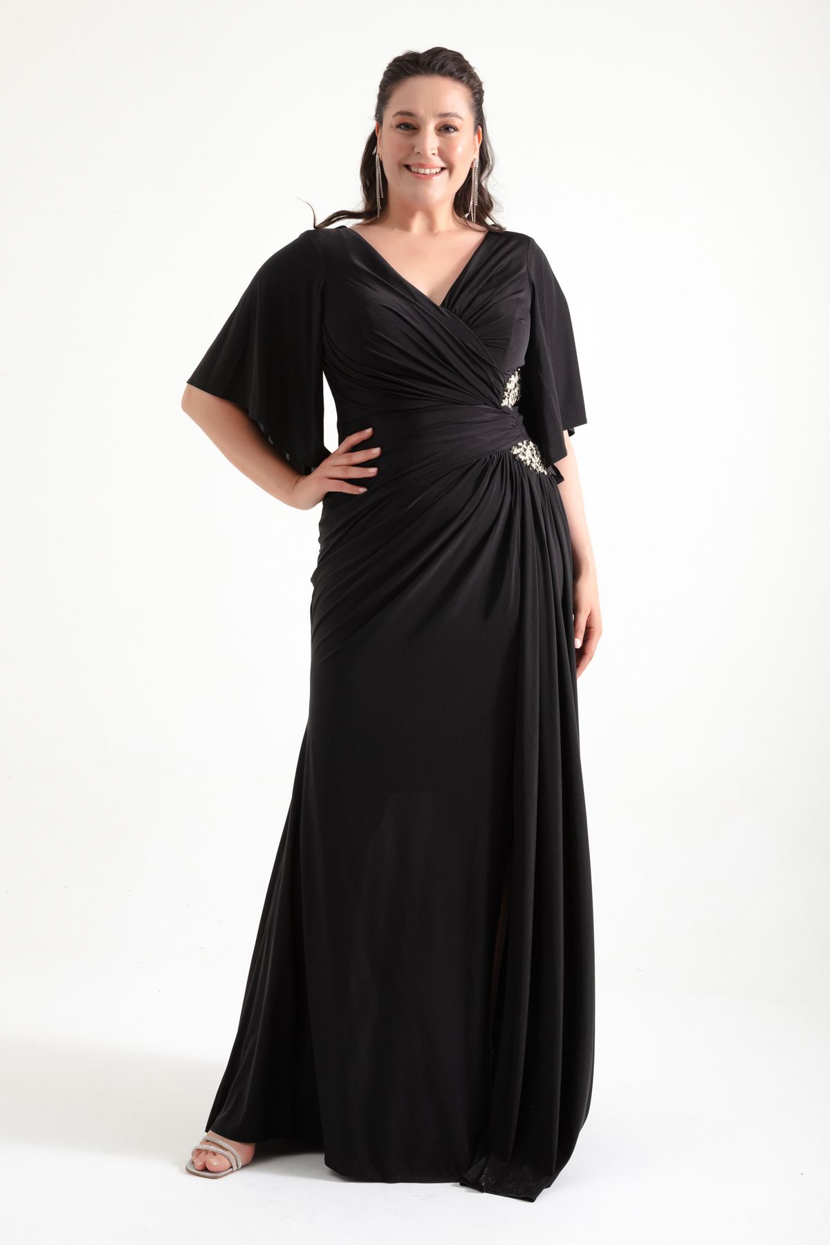 Lafaba-Women's Black Side Stone Plus Size Long Evening Dress 3